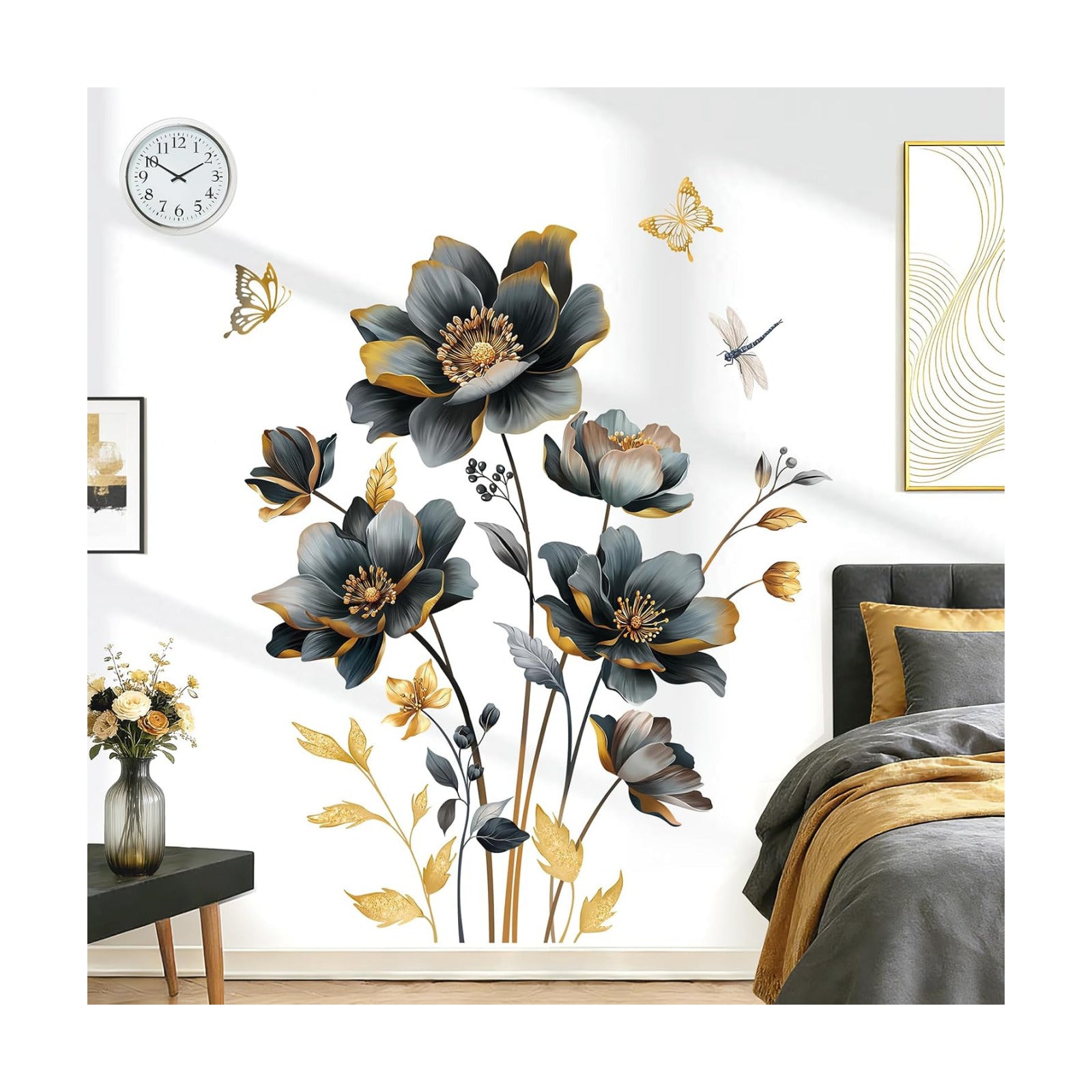 Gold Flowers Wall Stickers 3D Floral Butterfly Peel and Stick Wall Art Decals / Black
