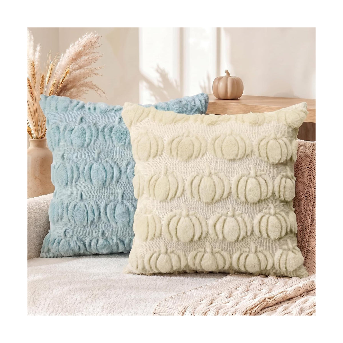 AVOIN colorlife Blue Beige Fall Pumpkin Throw Pillow Covers 18x18 Inch