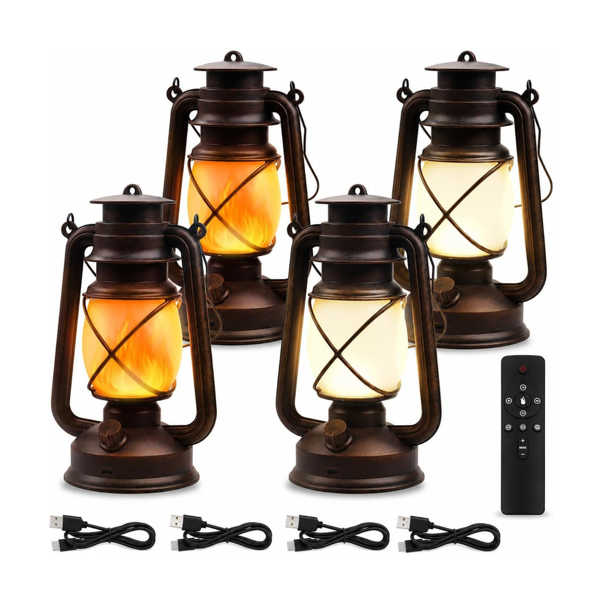 Rechargeable LED Lanterns 4 Pack, USB Charging Vintage Bronze Camping Lamps with Flickering Flame, Remote Control 4