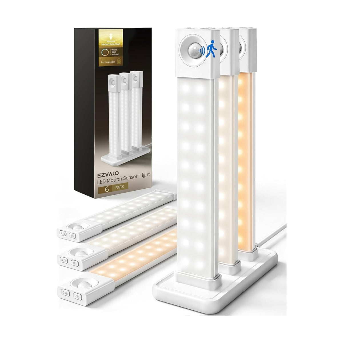 EZVALO 6 Pack 8 inch Under Cabinet Lighting with Charging Station, Rechargeable Motion Sensor Lights, Wireless Magnetic