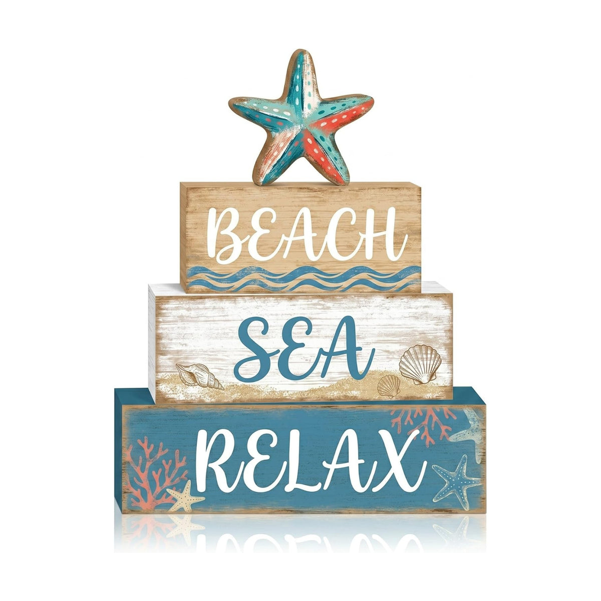 Britimes Tiered Tray Decor Set, 4 Pack, Wooden Table Sign, Ocean Beach