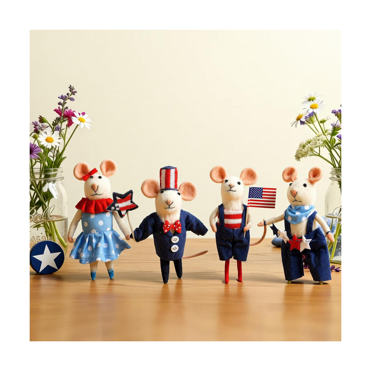 Hahafelt 4 Pcs 4th of July Felt Mice Ornament Cute Patriotic Wool Mouse Set
