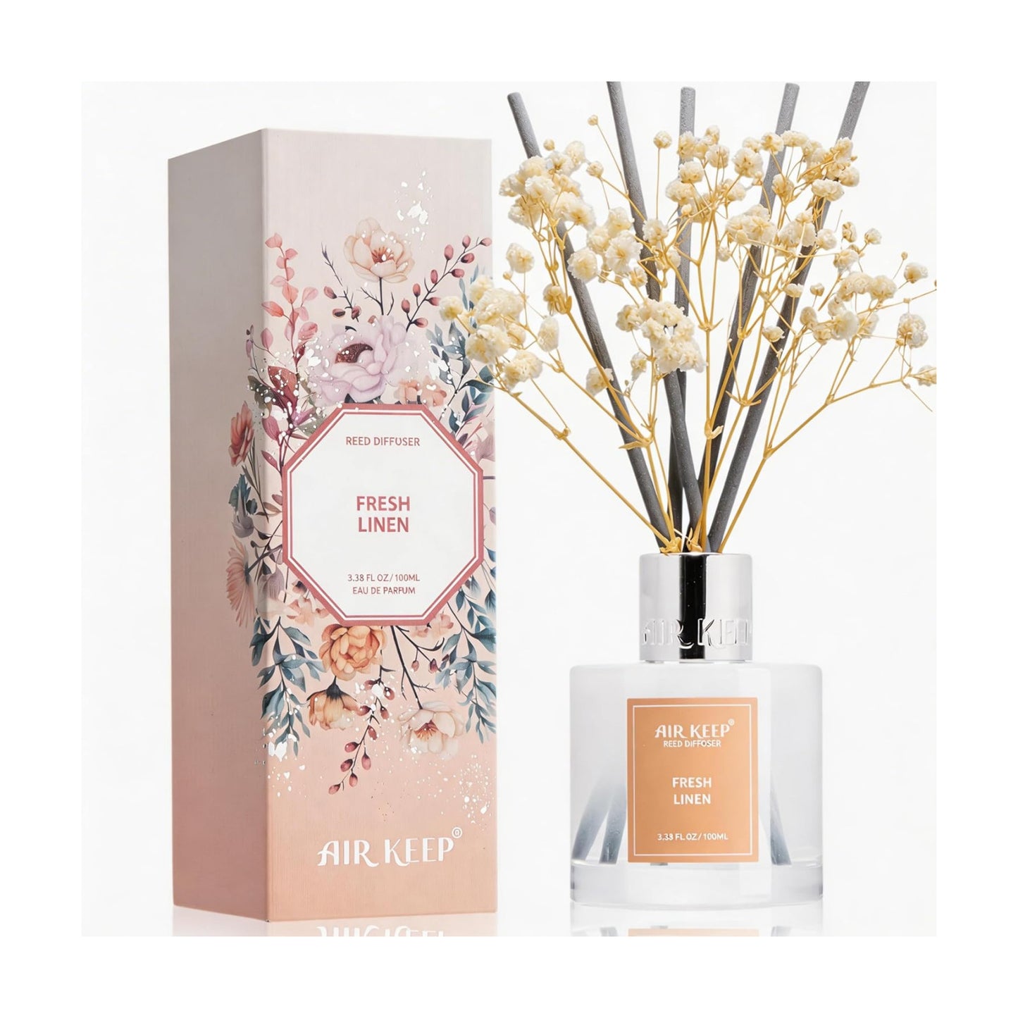 Airkeep Reed Diffuser Set,3.38 fl oz (100 ml) - Fresh Linen Oil Diffusers with 8 Reed Sticks, Home Fragrance Reed