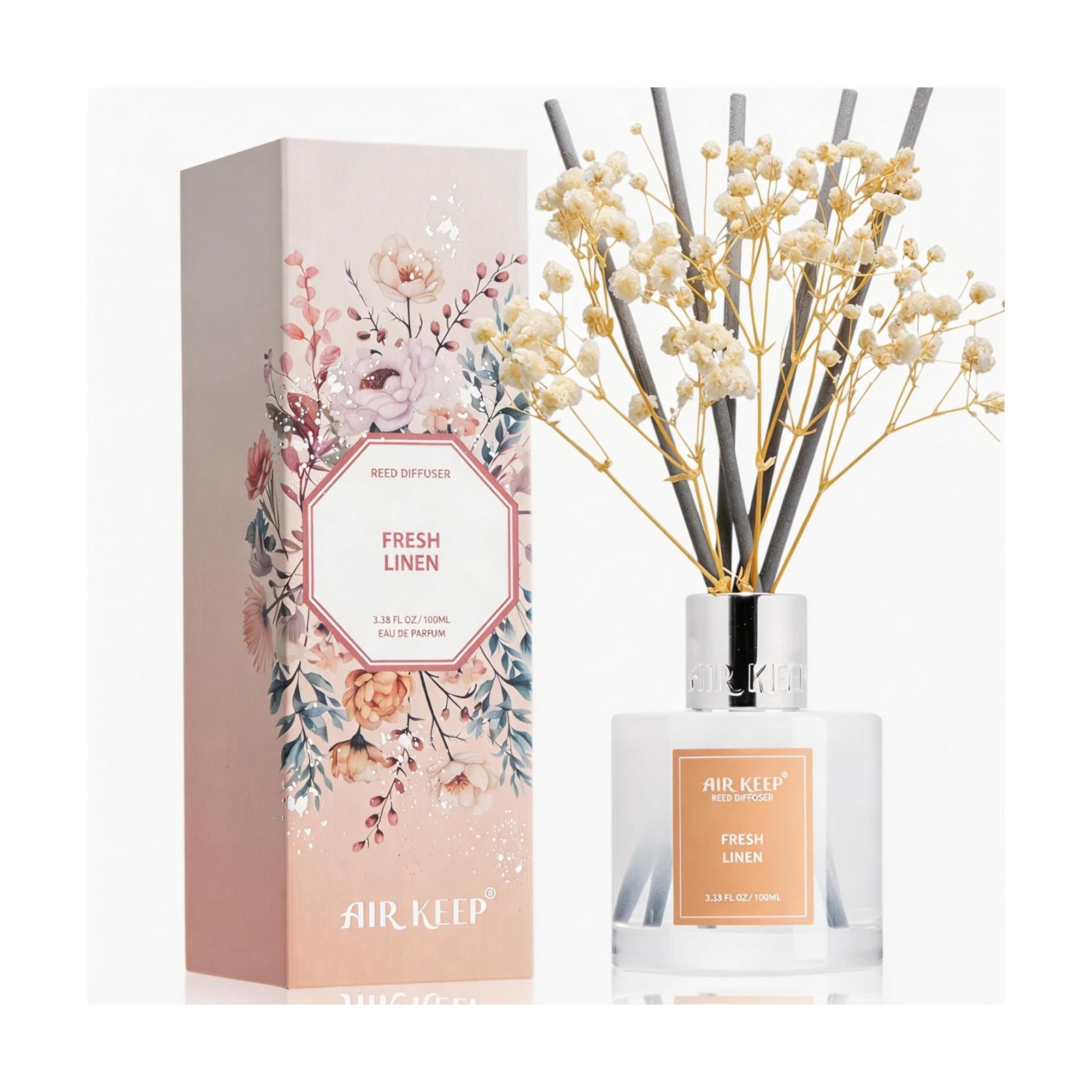 Airkeep Reed Diffuser Set,3.38 fl oz (100 ml) - Fresh Linen Oil Diffusers with 8 Reed Sticks, Home Fragrance Reed