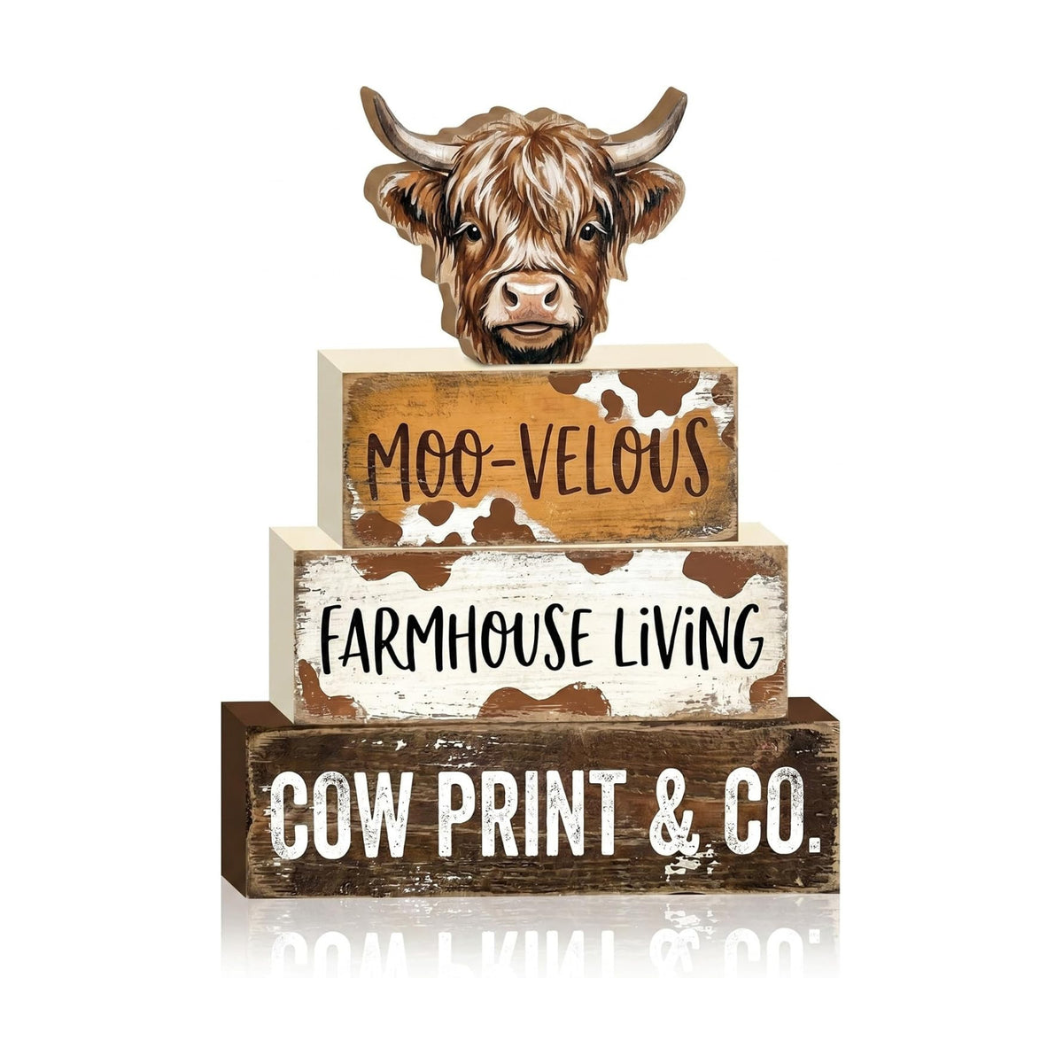 Britimes Tiered Tray Decor Set, 4 Pack, Wooden Table Sign, Highland Cow