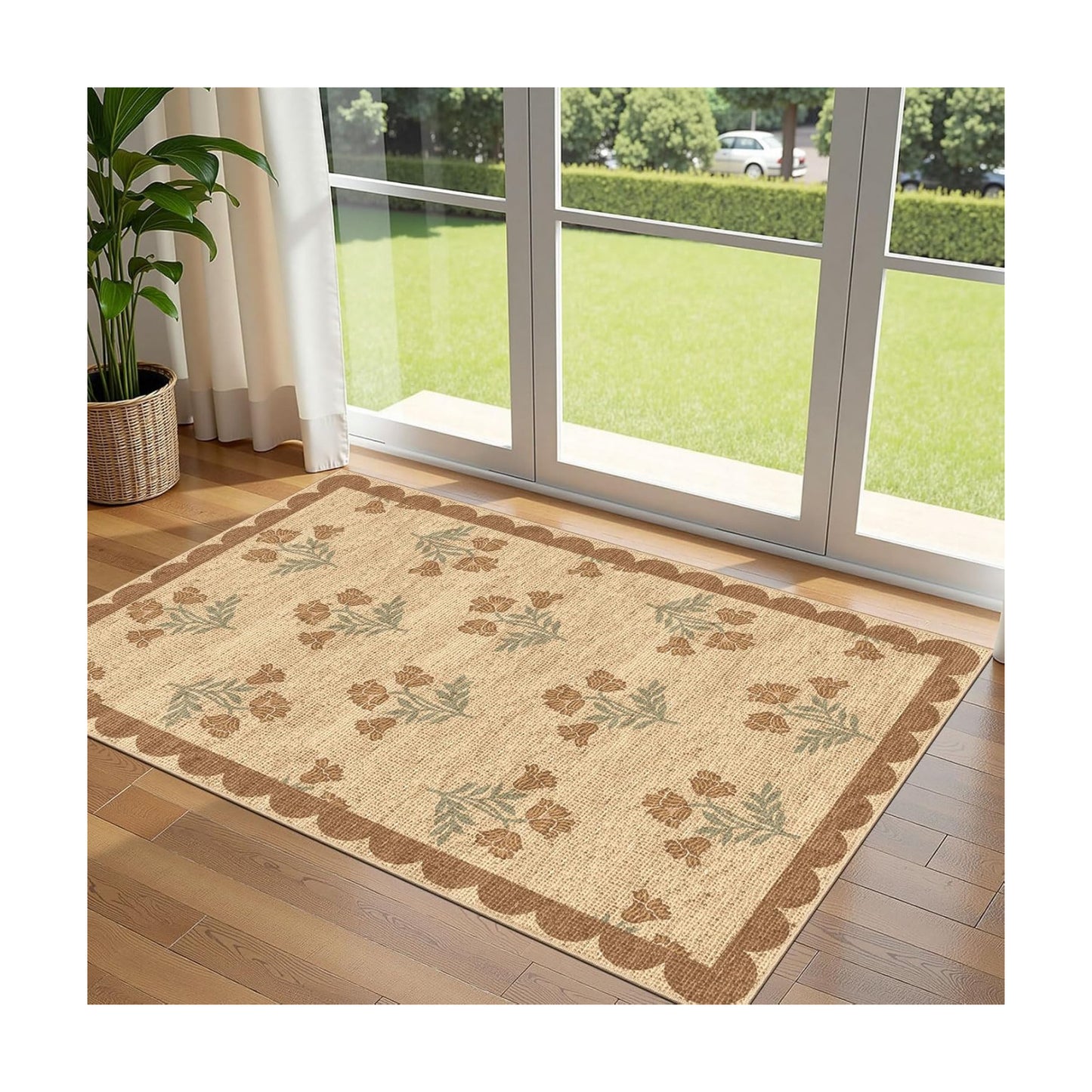 3x5 Floral Entry Rug - Small Washable Indoor Outdoor Mats for Front Door Non-Slip Jute-Look Porch Rug Boho Tan