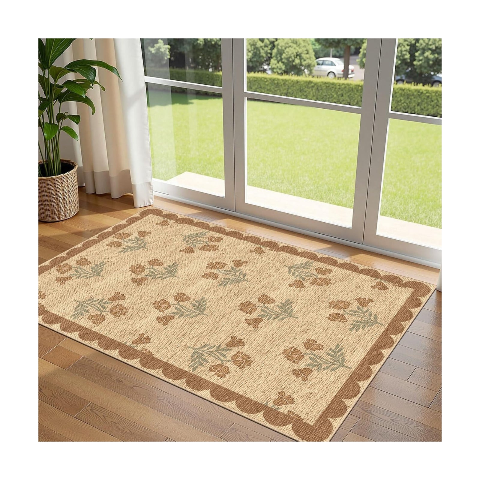 3x5 Floral Entry Rug - Small Washable Indoor Outdoor Mats for Front Door Non-Slip Jute-Look Porch Rug Boho Tan