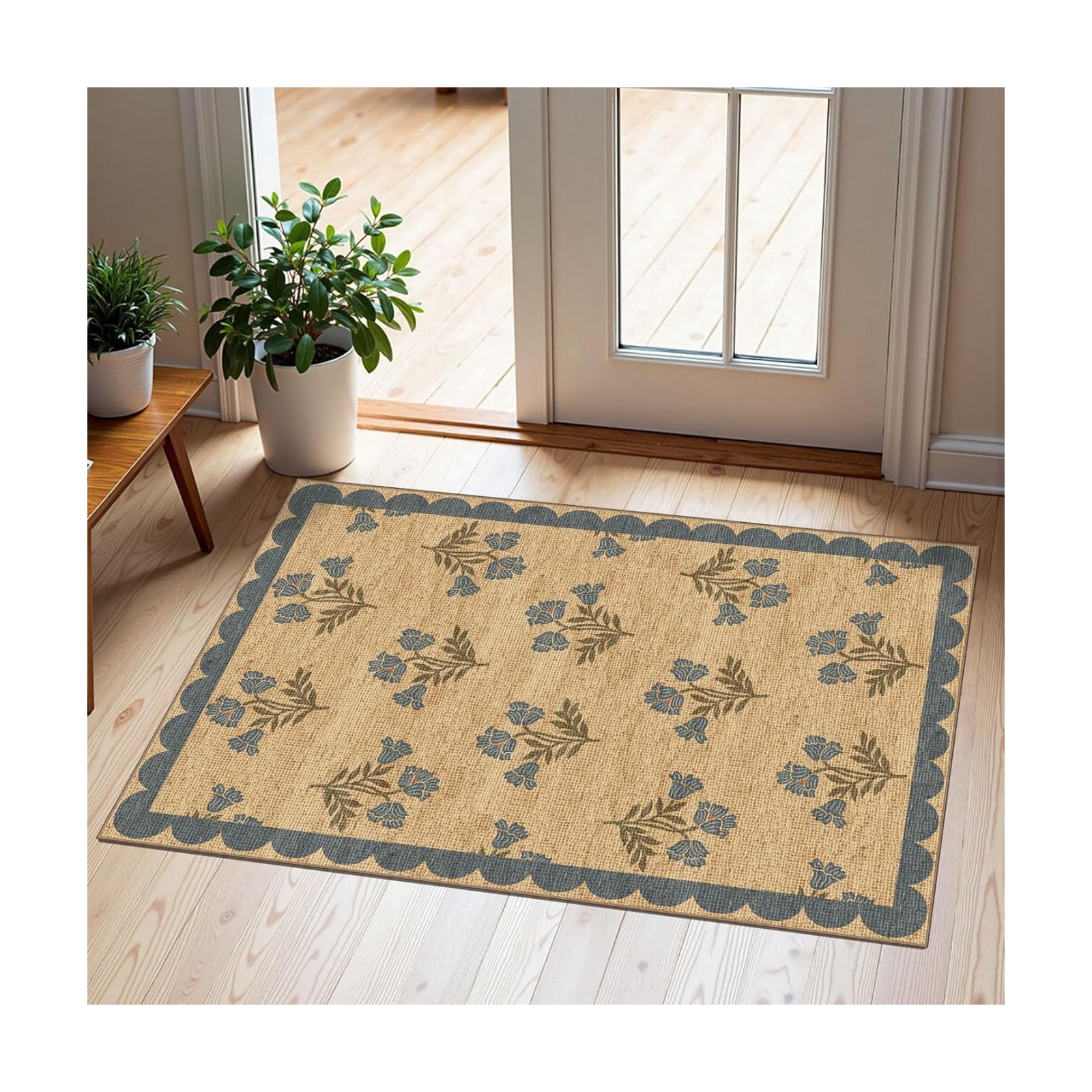 Front Door Mat Outside Entrance - 2x3 Jute-Look Blue Floral Rug