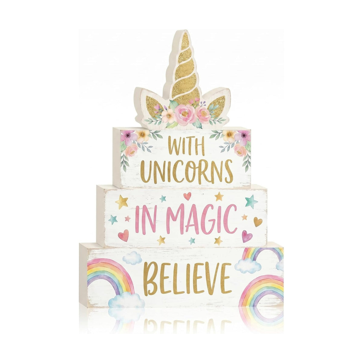 Britimes Tiered Tray Decor Set, 4 Pack, Wooden Table Sign, Unicorn Rainbow
