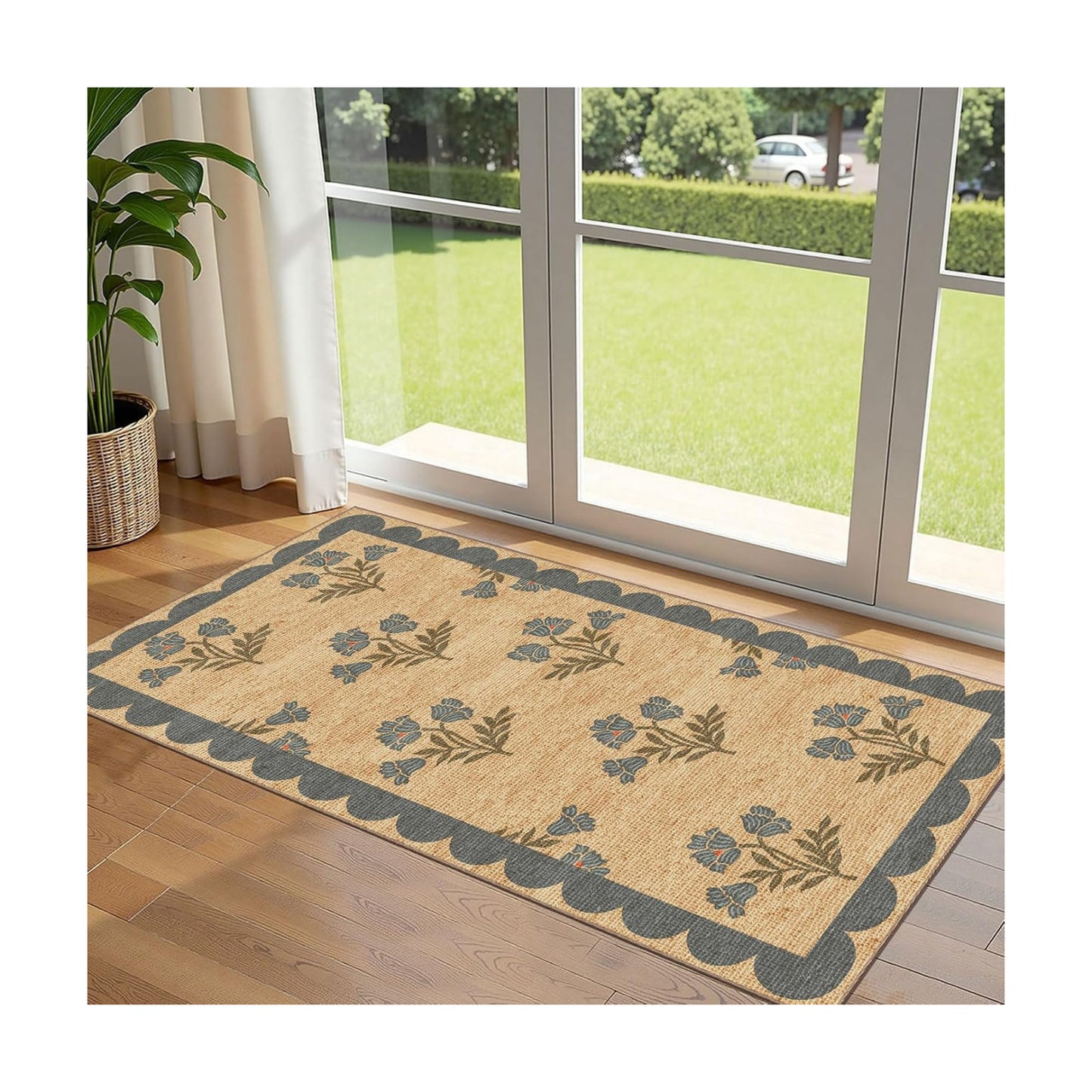 Front Door Mat Indoor Entrance - 2x4.3 Jute-Look Blue Floral Rug