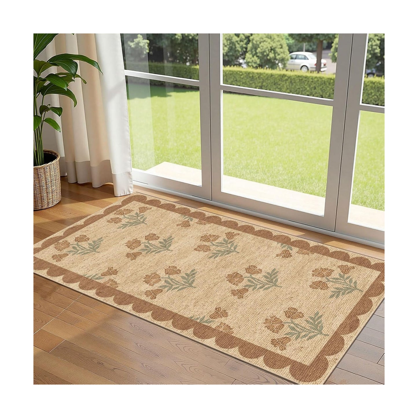 Front Door Mat Indoor Entrance - 2x4.3 Ft Tan Floral Washable Layered Doormat Outdoor Entrance Porch Rug Non-Slip
