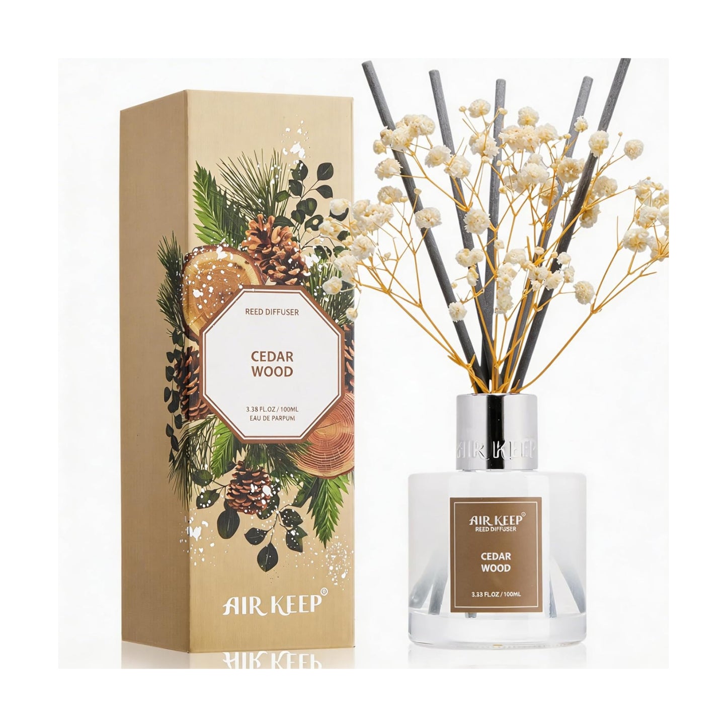 Airkeep Reed Diffuser Set,3.38 fl oz (100 ml) - Cedar Wood Oil Diffusers with 8 Reed Sticks, Home Fragrance Reed
