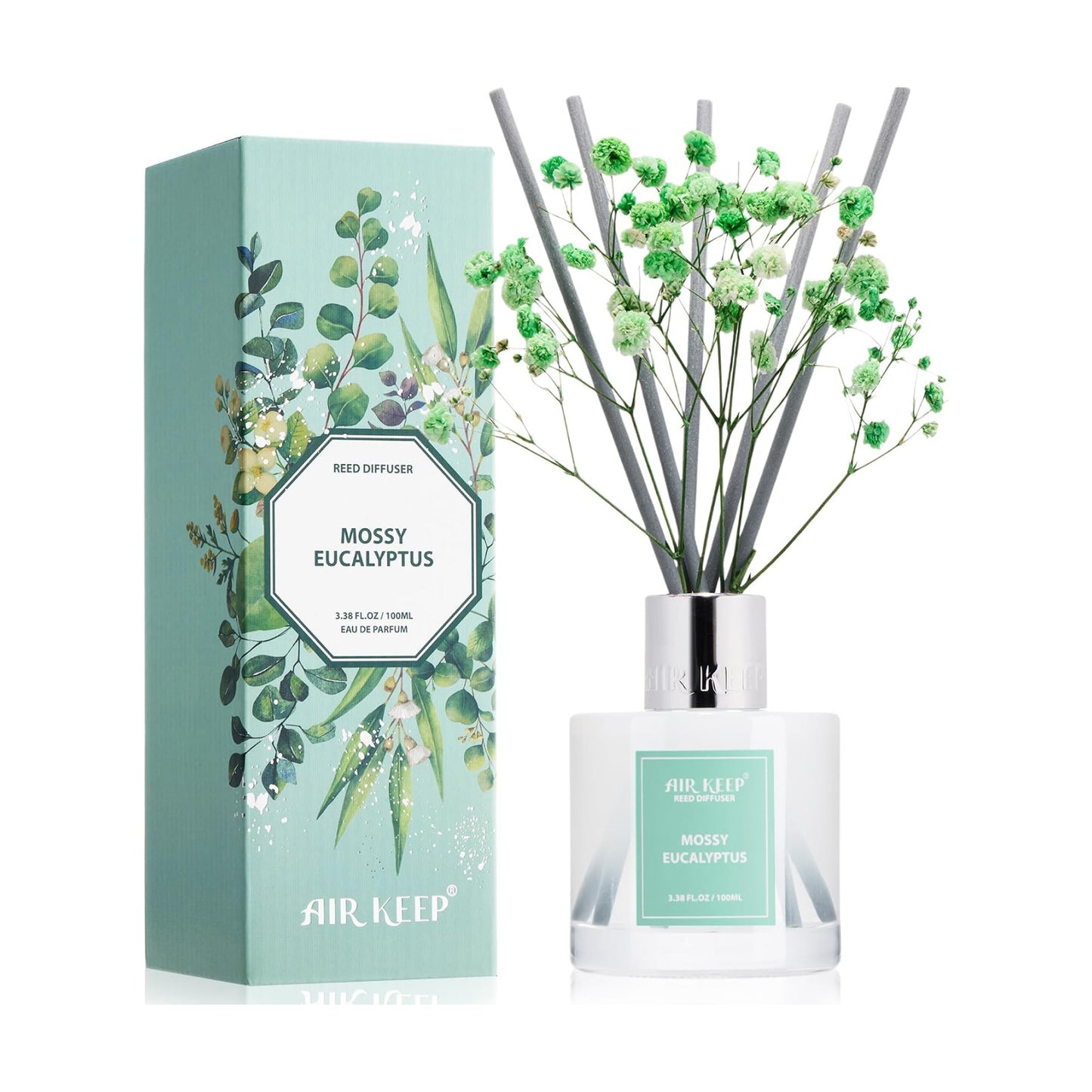 Airkeep Reed Diffuser Set,3.38 fl oz (100 ml) - Moss Eucalyptus Oil Diffusers with 8 Reed Sticks, Home Fragrance Reed