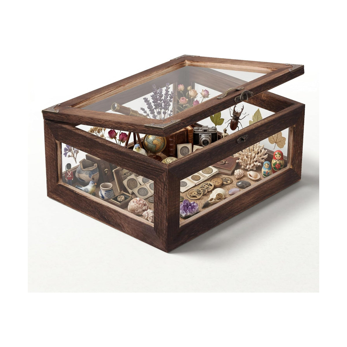 Glass Shadow Box Display Case 11x14, 6.2" Deep 5-Sided Glass Memory Box with Linen Backboard, Solid Wood Shadow Box