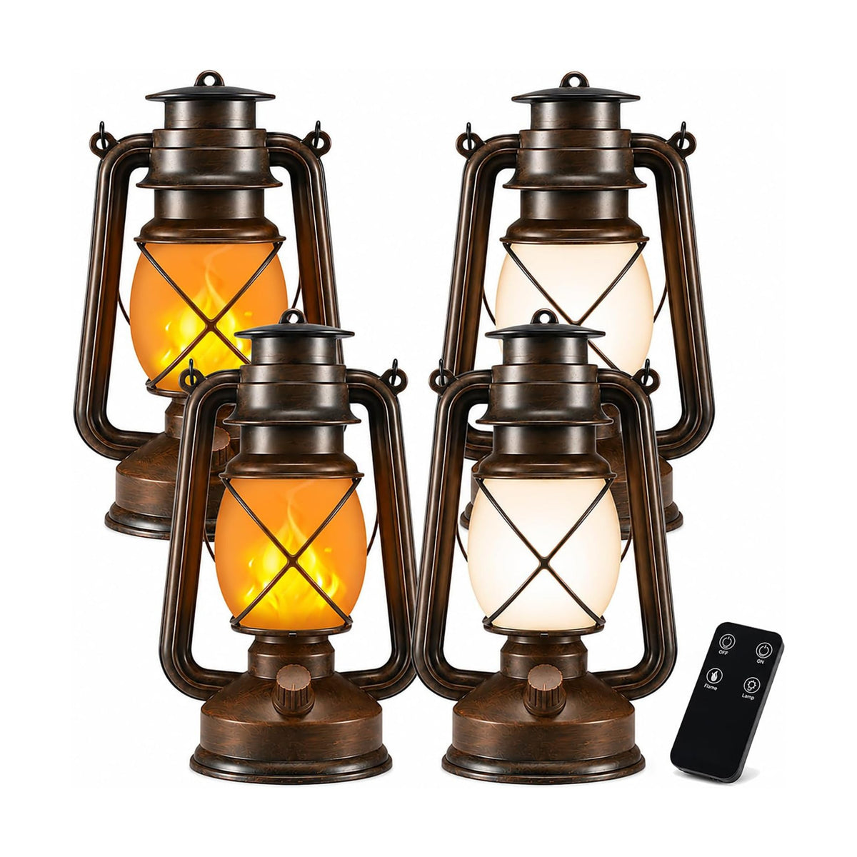 Battery Powered Vintage LED Lanterns 4 Pack with Remote Control, 2 Lighting Modes Flickering Flame Steady Light