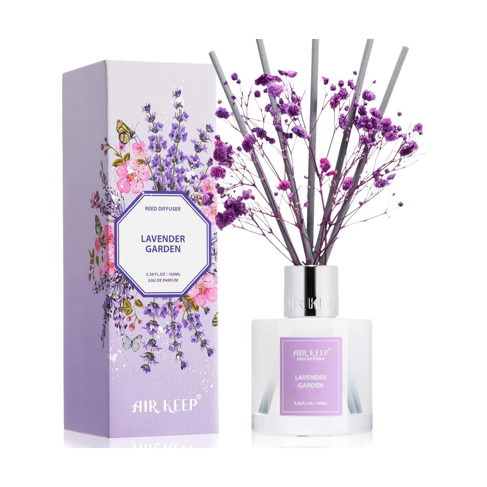 Airkeep Reed Diffuser Set,3.38 fl oz (100 ml) - Lavender Garden Oil Diffusers with 8 Reed Sticks, Home Fragrance Reed