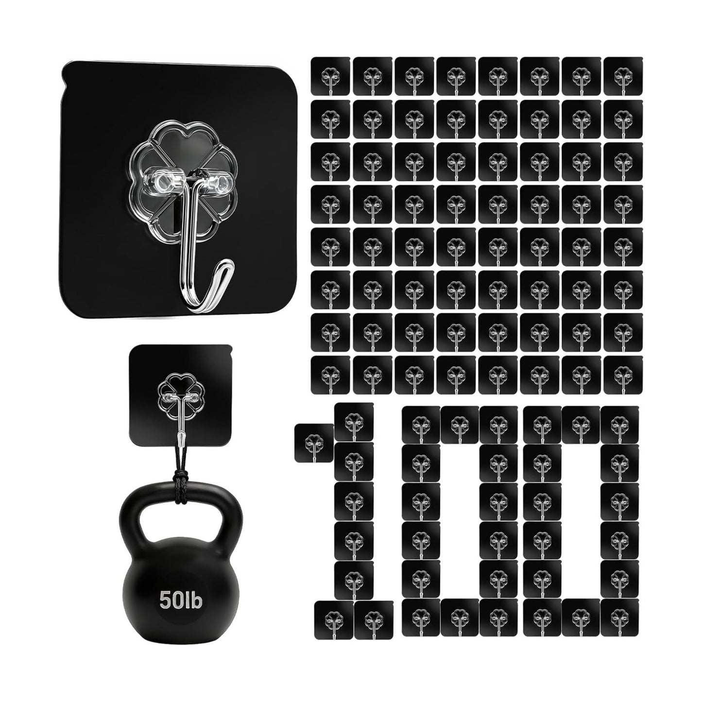 DDMY 100 Pack Adhesive Wall Hooks 50LB Heavy Duty Black Sticky Hook