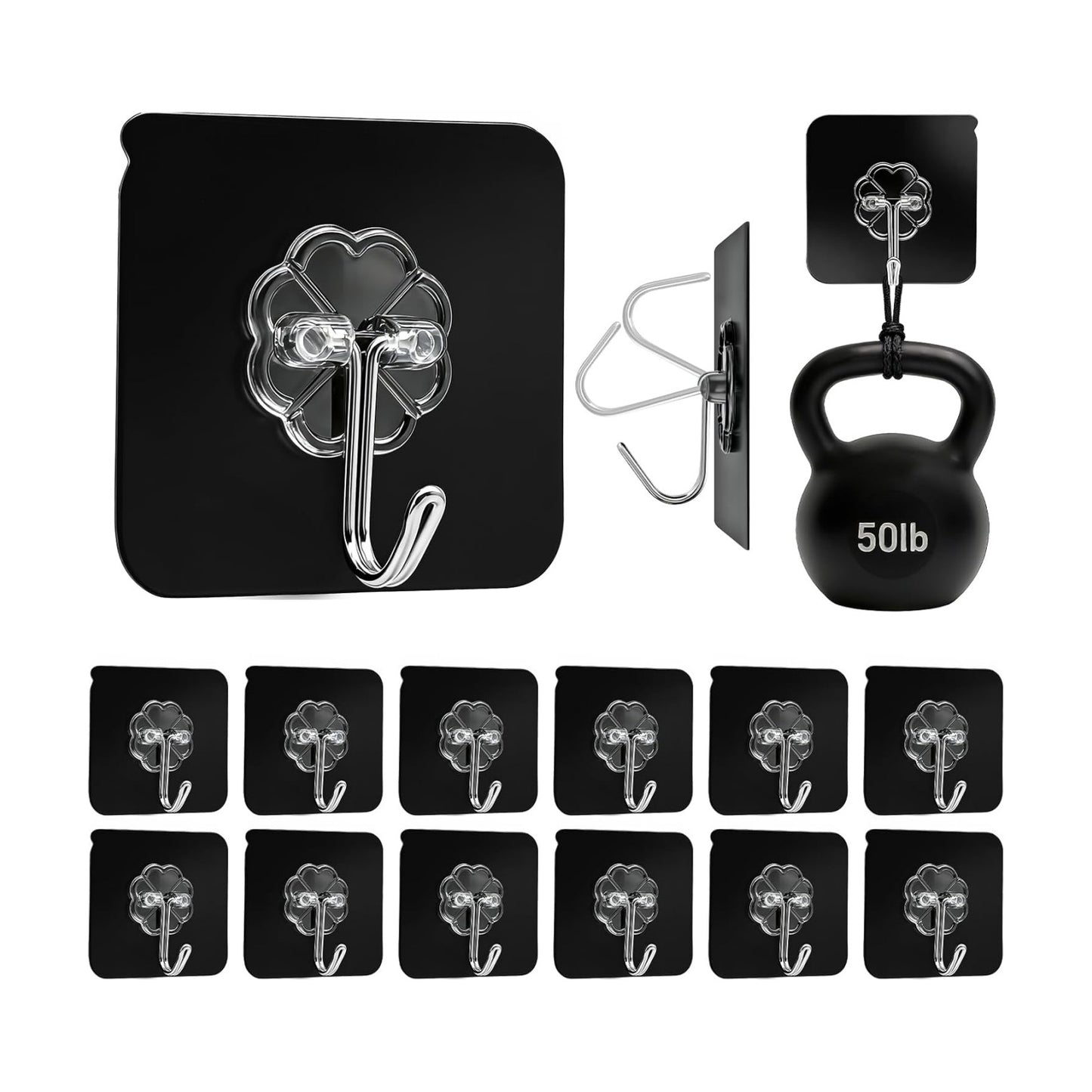 DDMY Black Heavy Duty Adhesive Hooks 2026 Upgraded 50lbs（Max） Sticky Wall Hooks for Hanging 12 Pack No Damage Hook