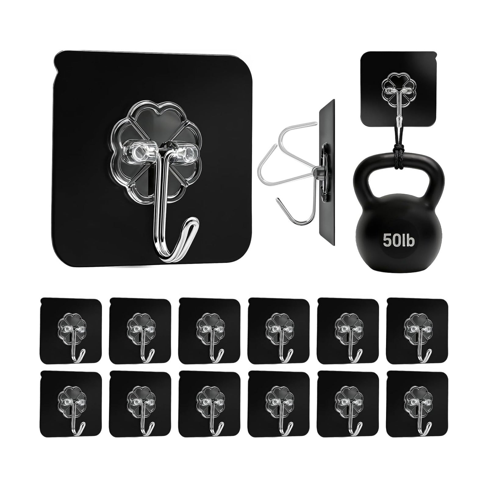 DDMY Black Heavy Duty Adhesive Hooks 2026 Upgraded 50lbs（Max） Sticky Wall Hooks for Hanging 12 Pack No Damage Hook