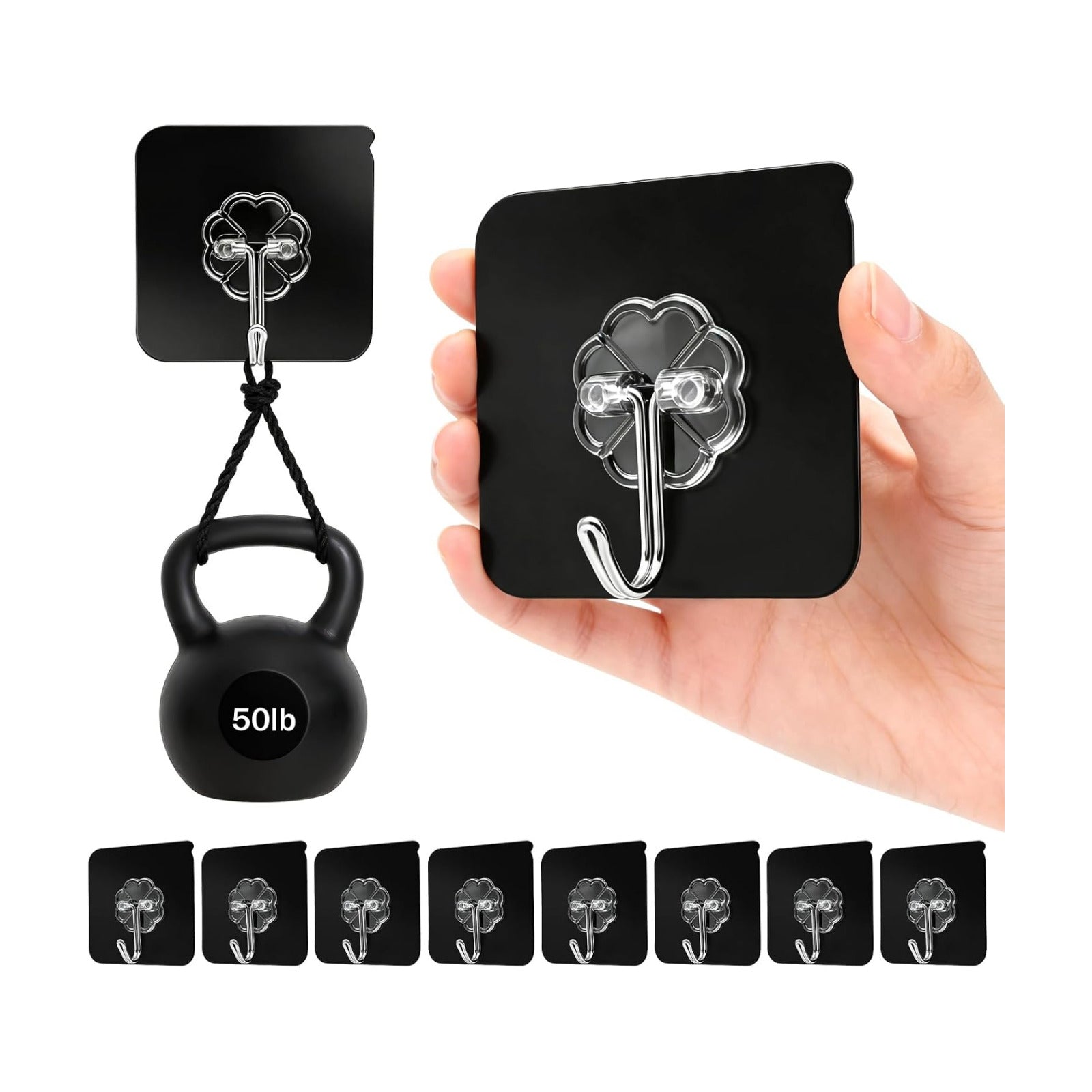 DDMY Heavy Duty Adhesive Hooks for Hanging 50lb(Max) Black Wall Hooks with Strong Sticky,No Damage Removable Hook