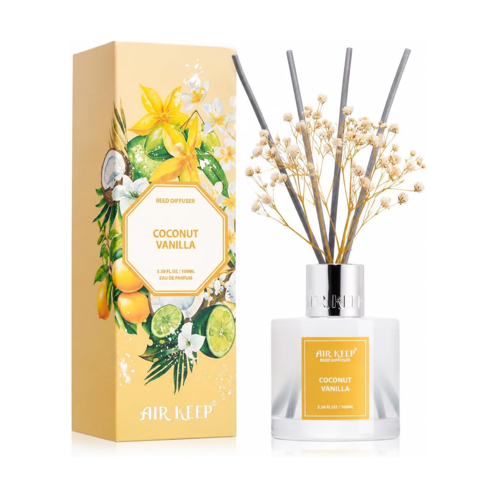 Airkeep Reed Diffuser Set,3.38 fl oz (100 ml) - Coconut Vanilla Oil Diffusers with 8 Reed Sticks, Home Fragrance Reed