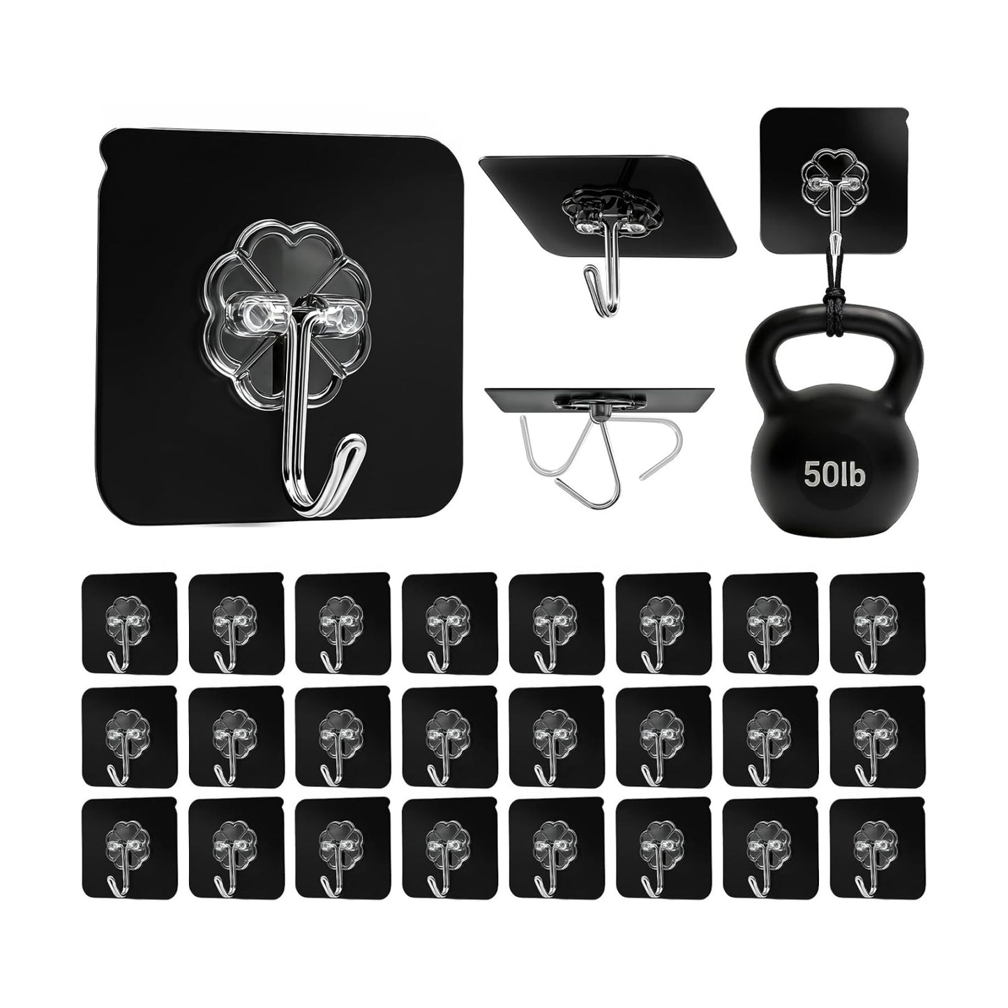 DDMY Black Adhesive Wall Hook for Hanging Heavy Duty Sticky Hooks 24 Pack
