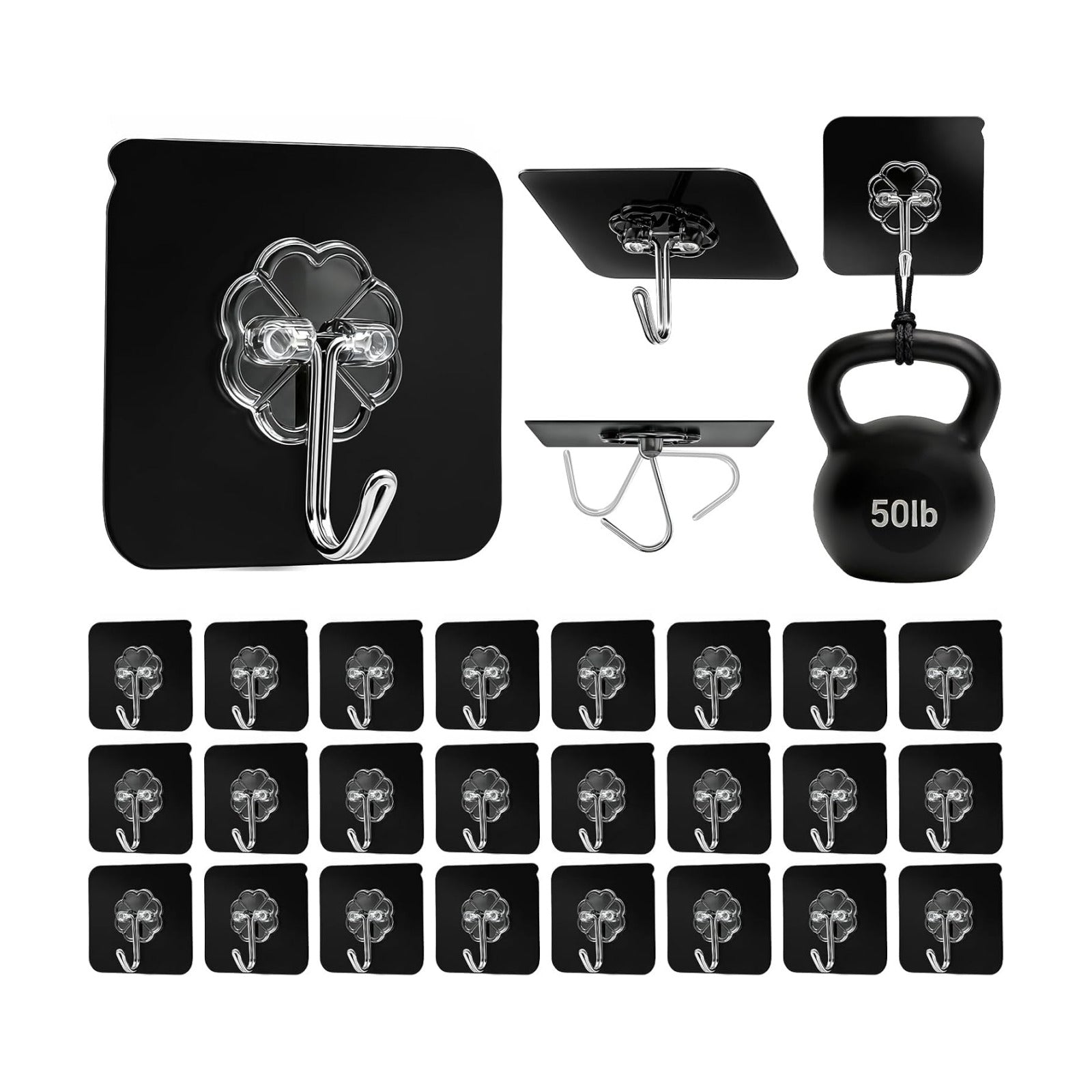 DDMY Black Adhesive Wall Hook for Hanging Heavy Duty Sticky Hooks 24 Pack