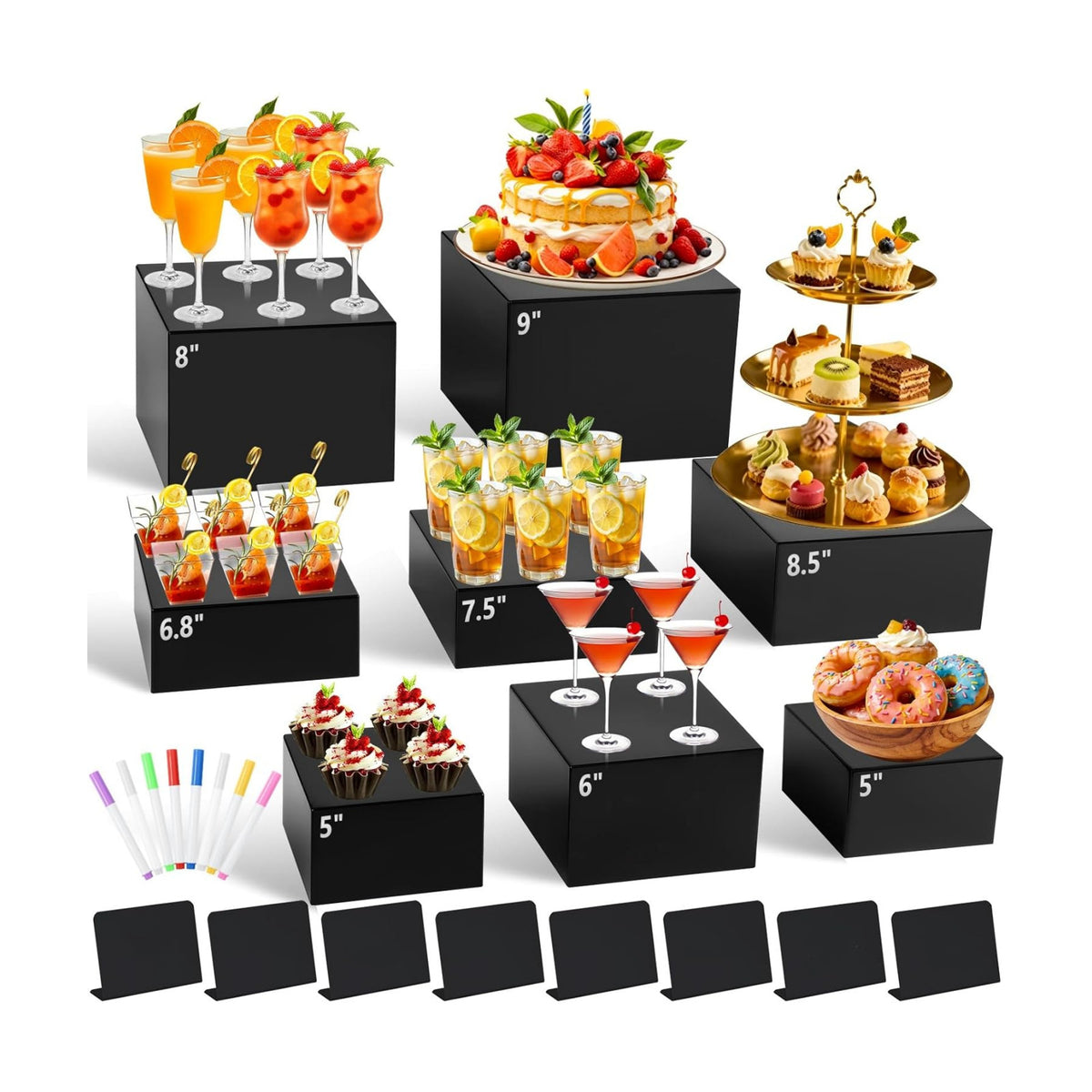8Pcs Black Acrylic Buffet Risers with Mini Sign and Marker, Food Display Risers for Party Catering Dessert Jewelry
