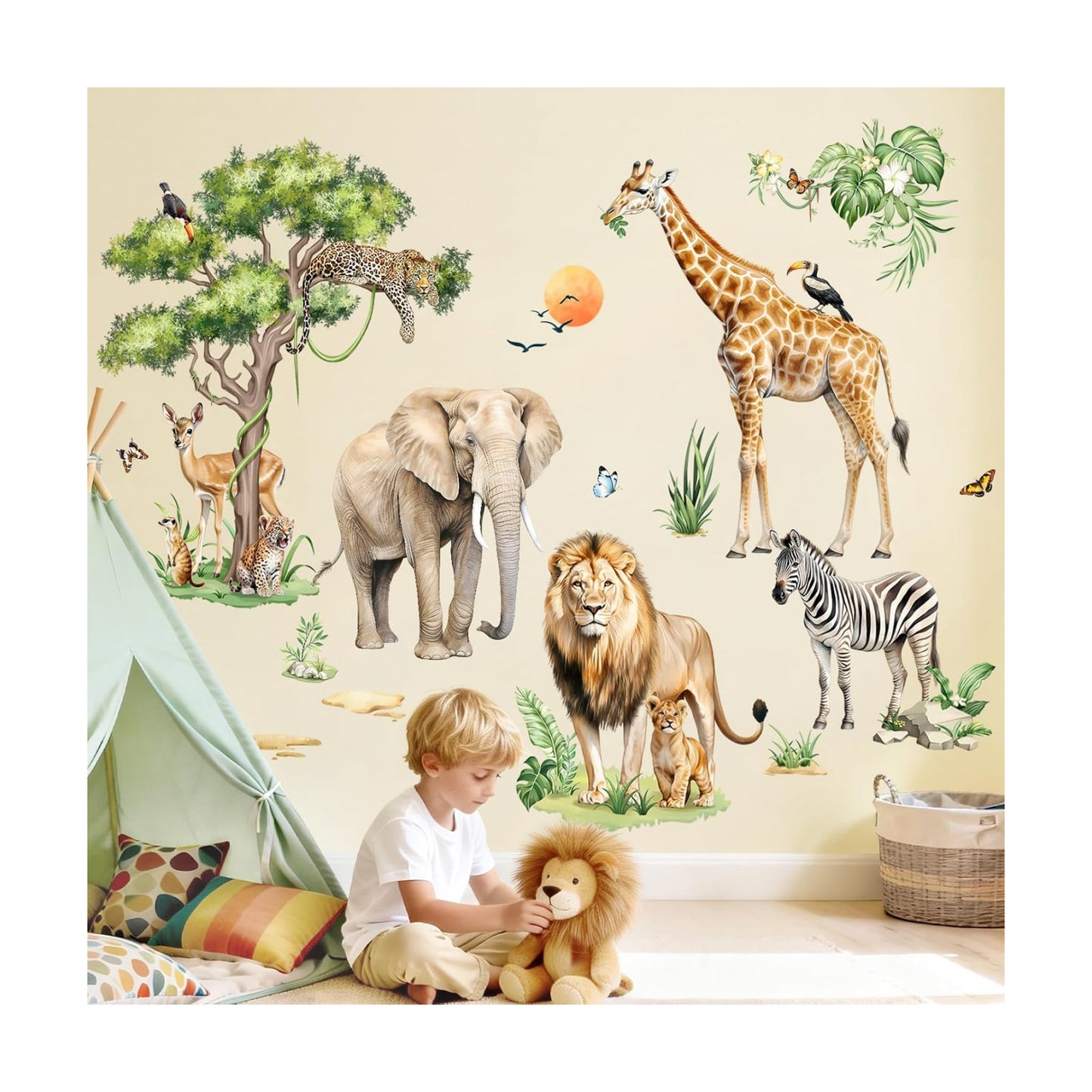 Large Safari Animals Tree Wall Stickers Jungle Animal Giraffe Elephant Lion Leopard Wall Decals Baby