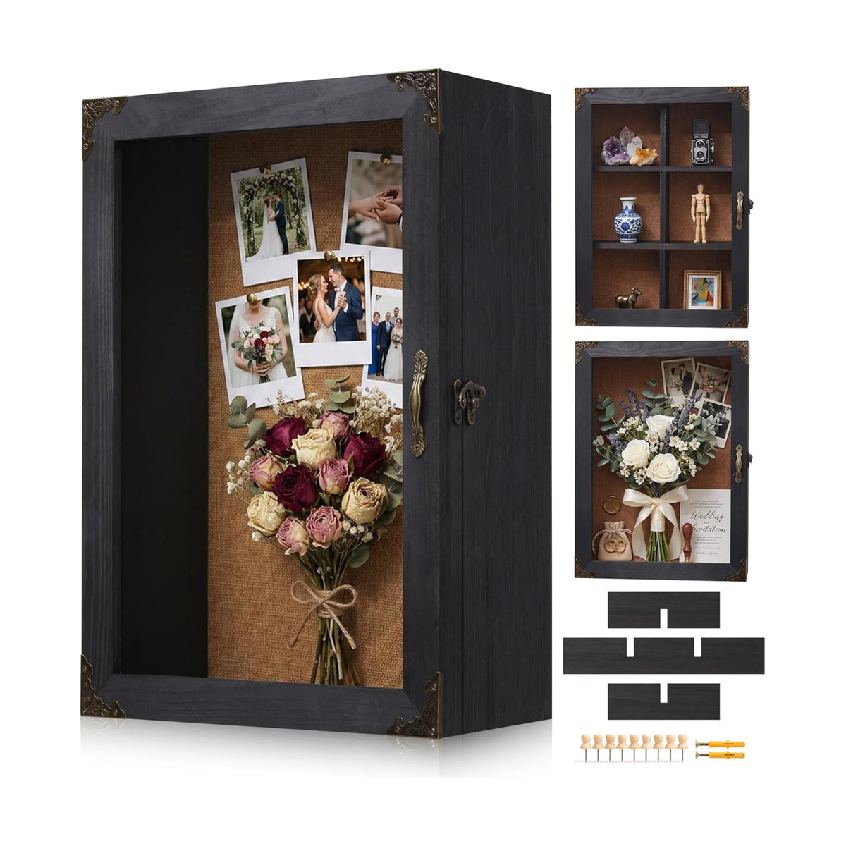 Shadow Box Frame 12x16, 4.7-inch Depth, Black Solid Wood Shadow Box Display Case with Removable 6-Grid Shelves, Vintage