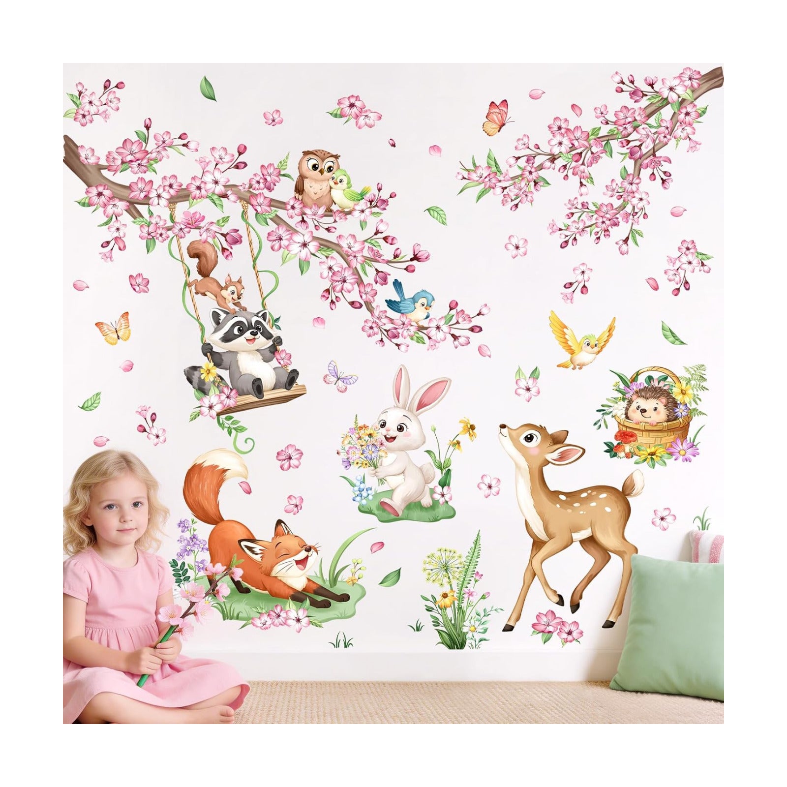 Woodland Animal Wall Decals Cherry Blossom Flower Tree Branch Deer Fox Wall Stickers for Girls Room