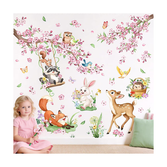 Woodland Animal Wall Decals Cherry Blossom Flower Tree Branch Deer Fox Wall Stickers for Girls Room