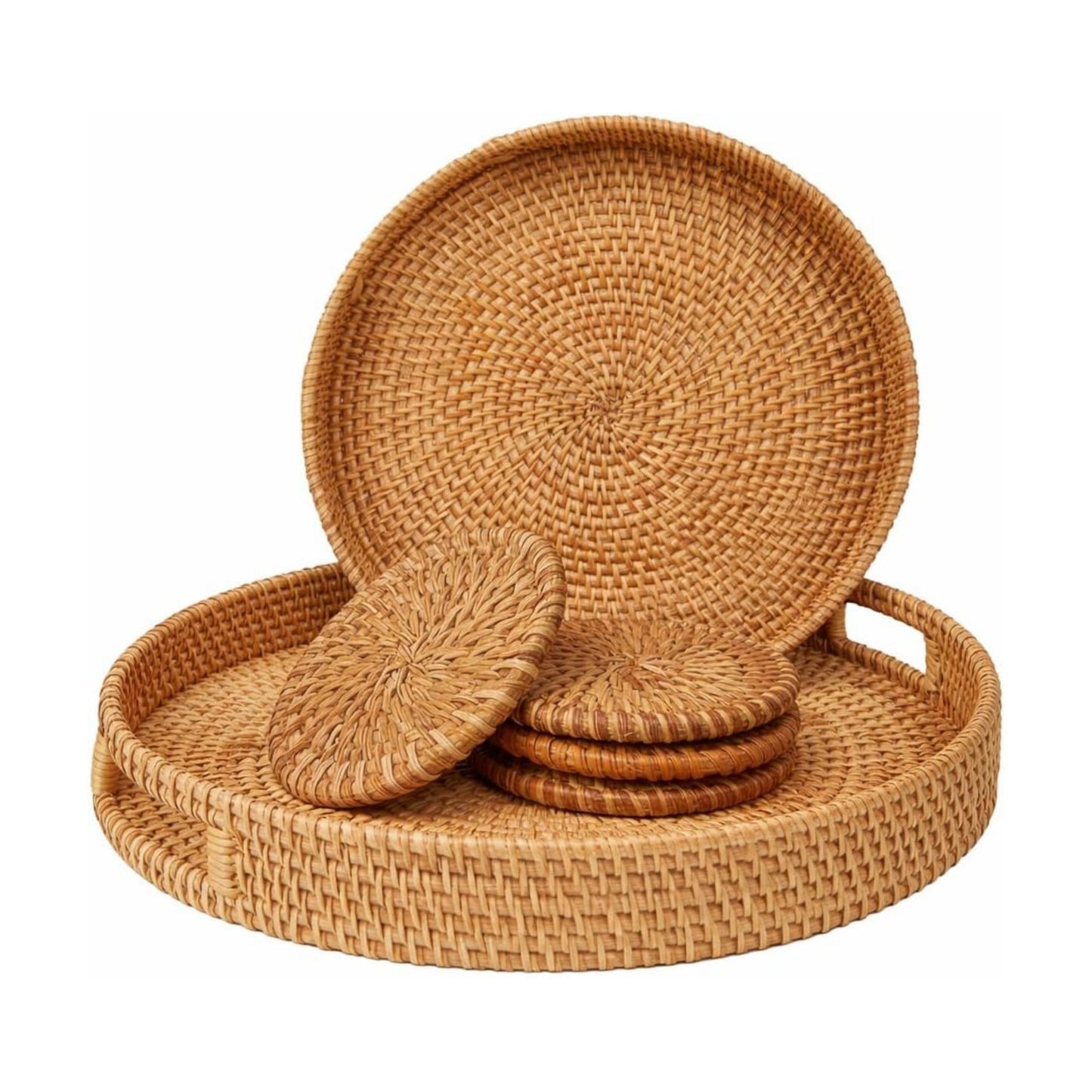 Round Rattan Serving Tray Set