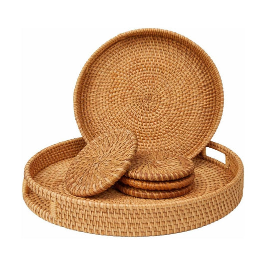Round Rattan Serving Tray Set