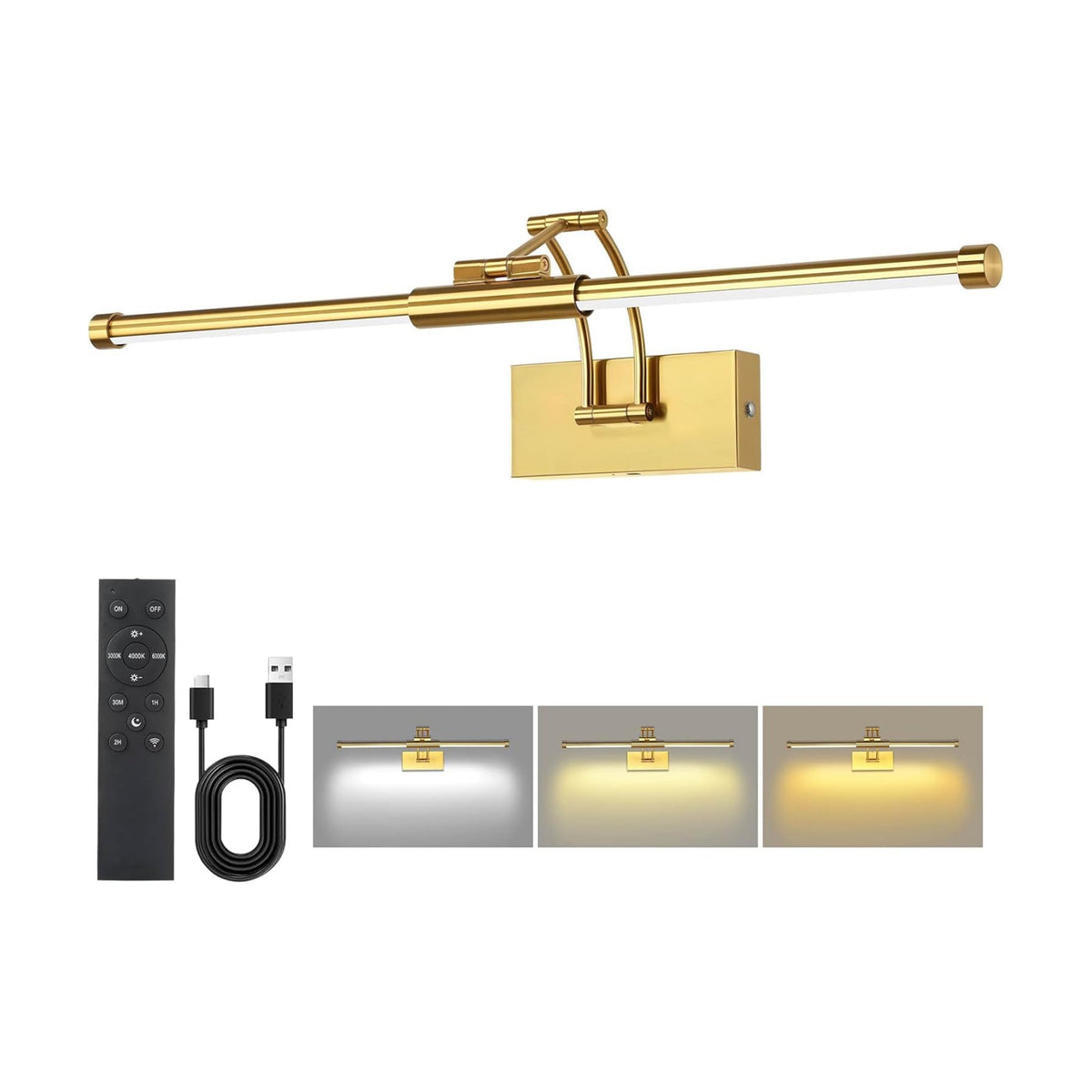 24" Picture Lights for Wall, 8000mAh Rechargeable Wireless Remote | Battery Operated Art Light 3000K/4000K/6000K