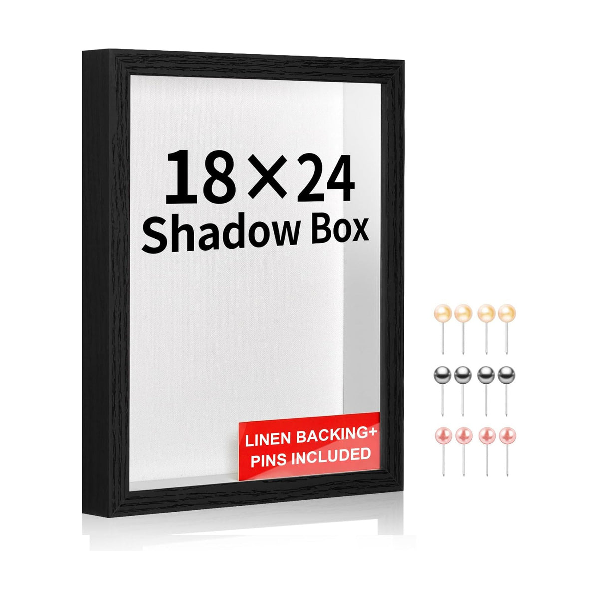 18x24 Large Shadow Box Frame with Thickened Acrylic Panel & Pins | With Linen Back, Upgraded 1.7" Deep Black Shadow Box