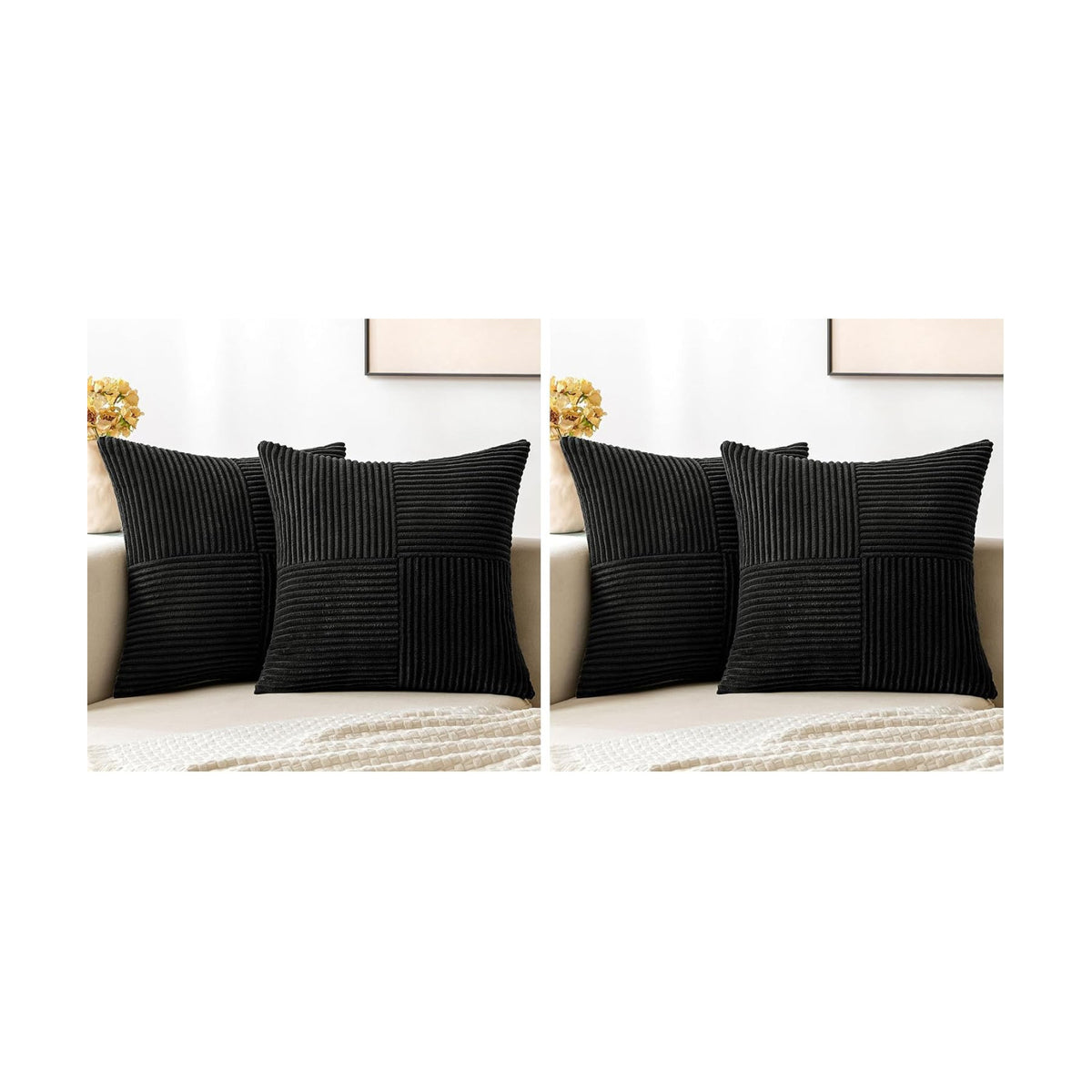 MIULEE Black Decorative Throw Pillow Covers 18x18 Inch for Couch Bed Sofa Pack of 4 Boho Farmhouse Throw Pillows Soft Cross Corduroy Patchwork Textured Cushion Cases