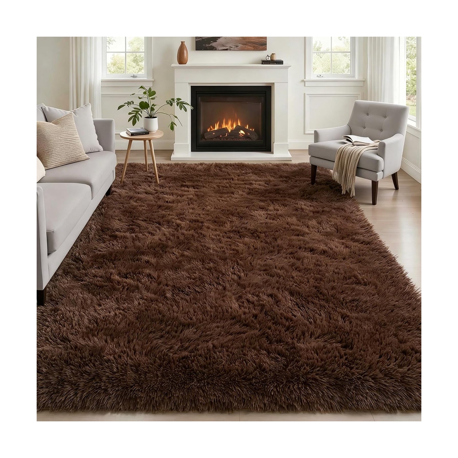 Area Rug Living Room Bedroom: 5x7 Fluffy Plush Shag Carpet Brown