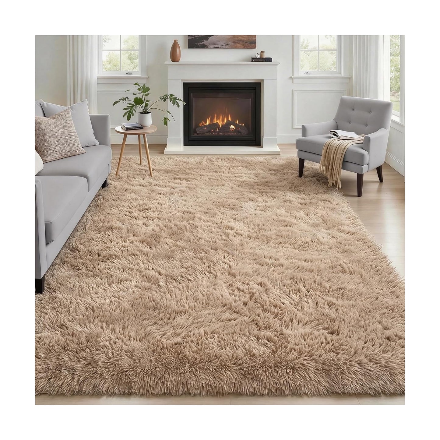 Area Rug Living Room Bedroom: 6x9 Fluffy Plush Shag Carpet Beige