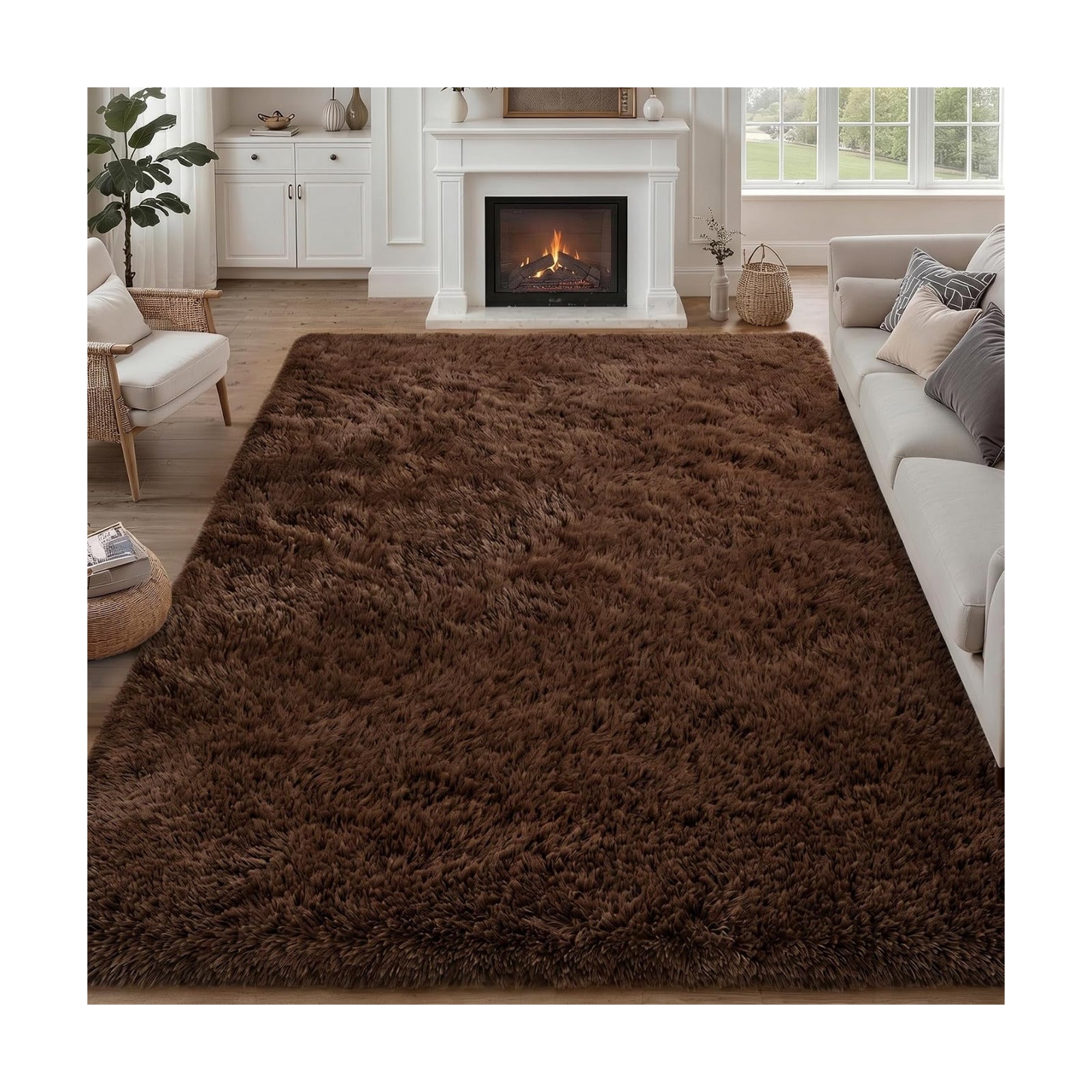 8x10 Area Rug Living Room Bedroom: Fluffy Plush Shag Carpet Brown
