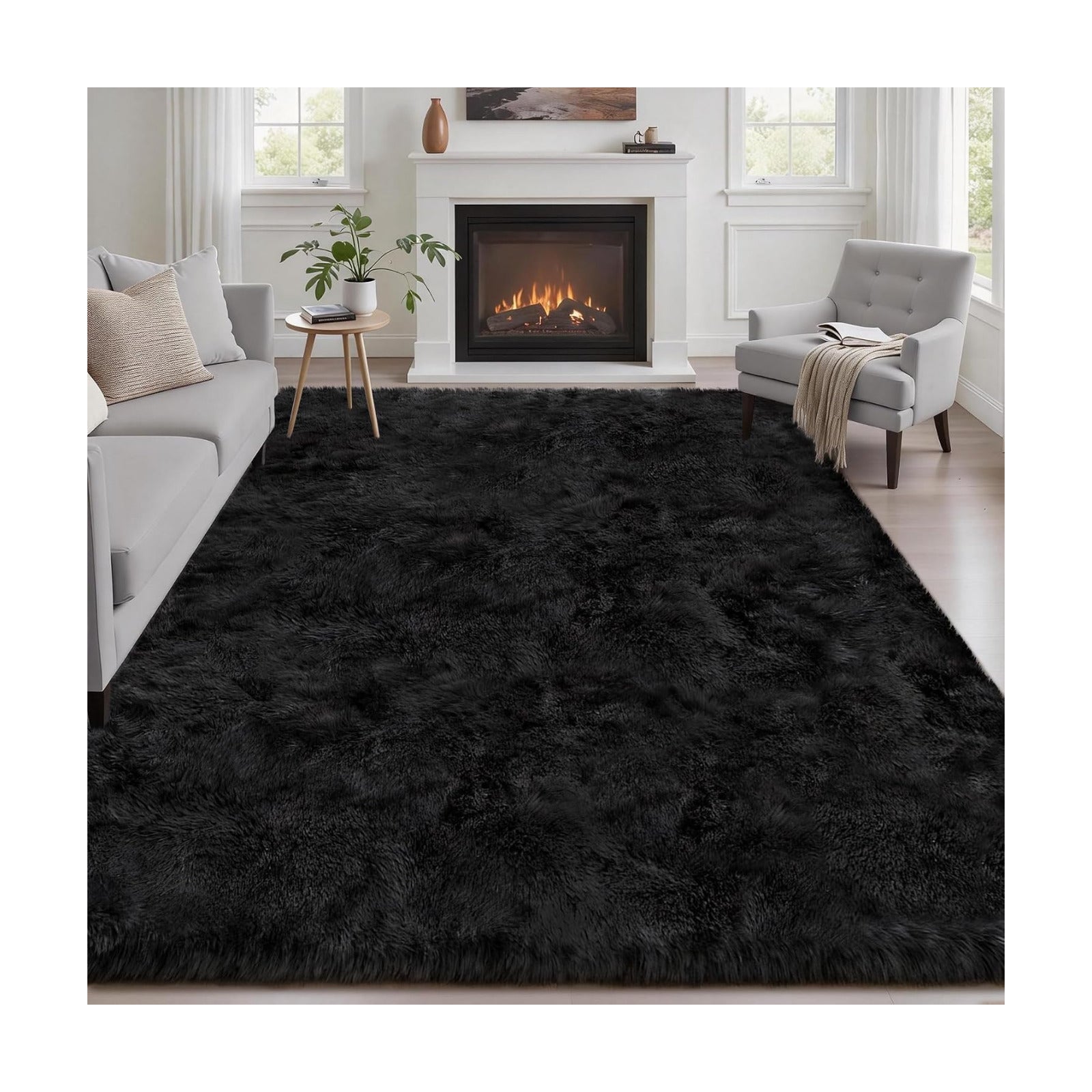 Area Rug Living Room Bedroom: 5x7 Fluffy Plush Shag Carpet Black
