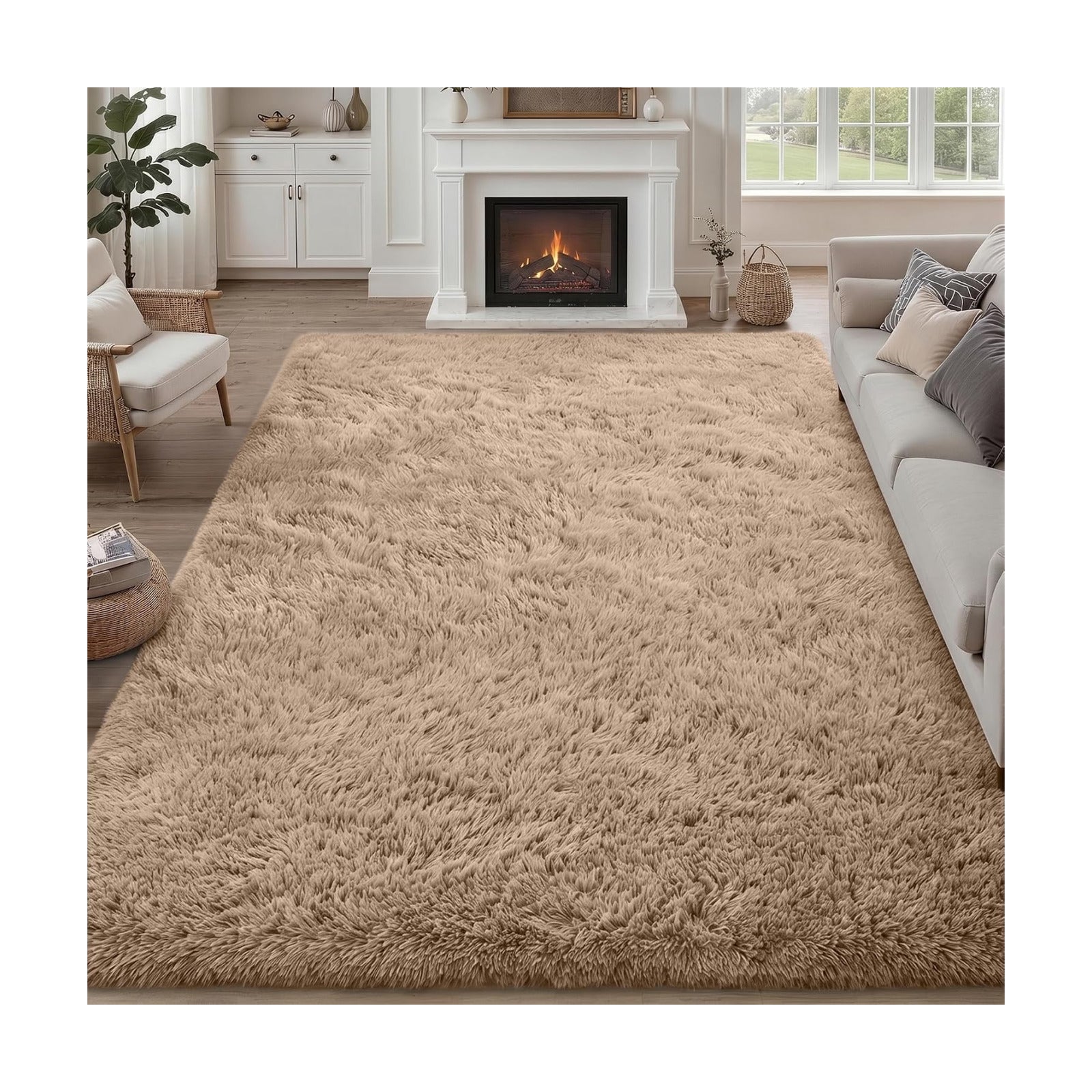 8x10 Area Rug Living Room Bedroom: Fluffy Plush Shag Carpet Beige