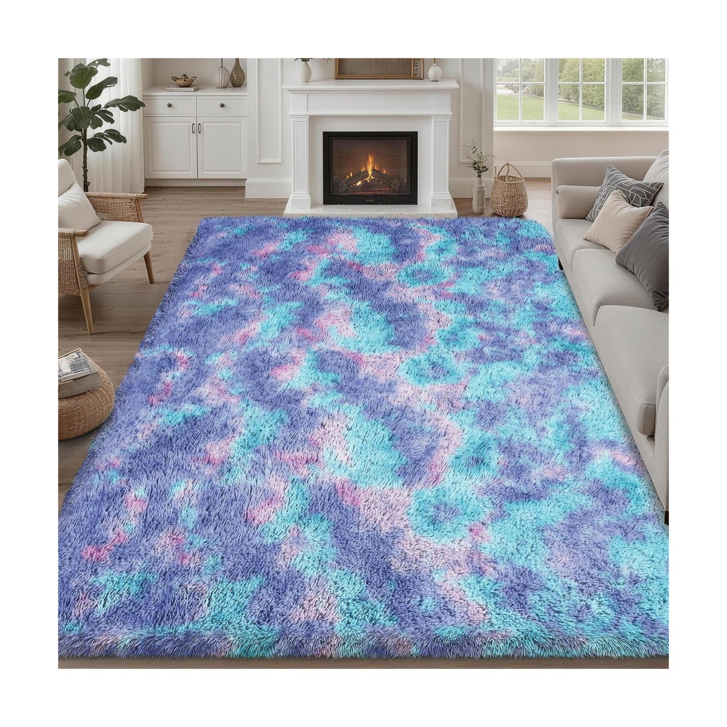 9x12 Area Rug Living Room Bedroom Fluffy Plush Shag Carpet Rainbow
