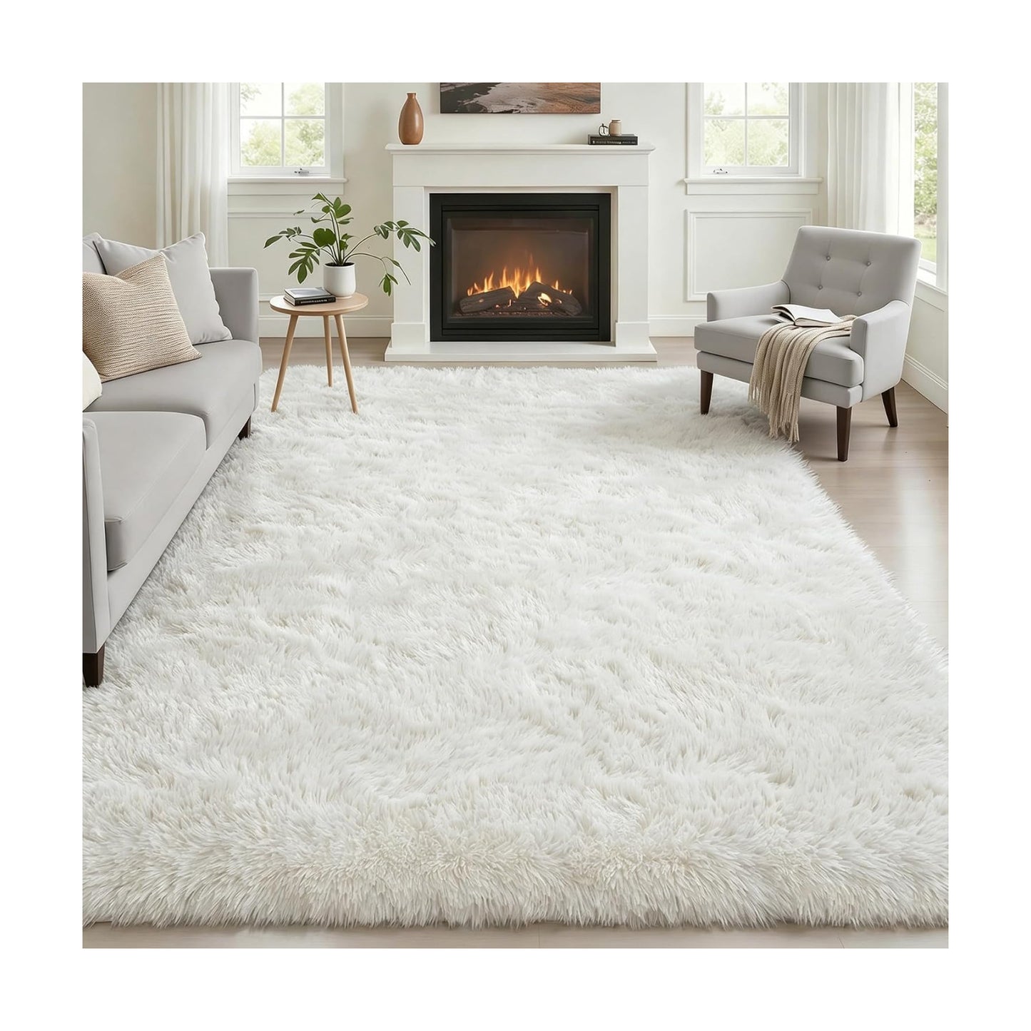 Area Rug Living Room Bedroom: 6x9 Fluffy Plush Shag Carpet Ivory