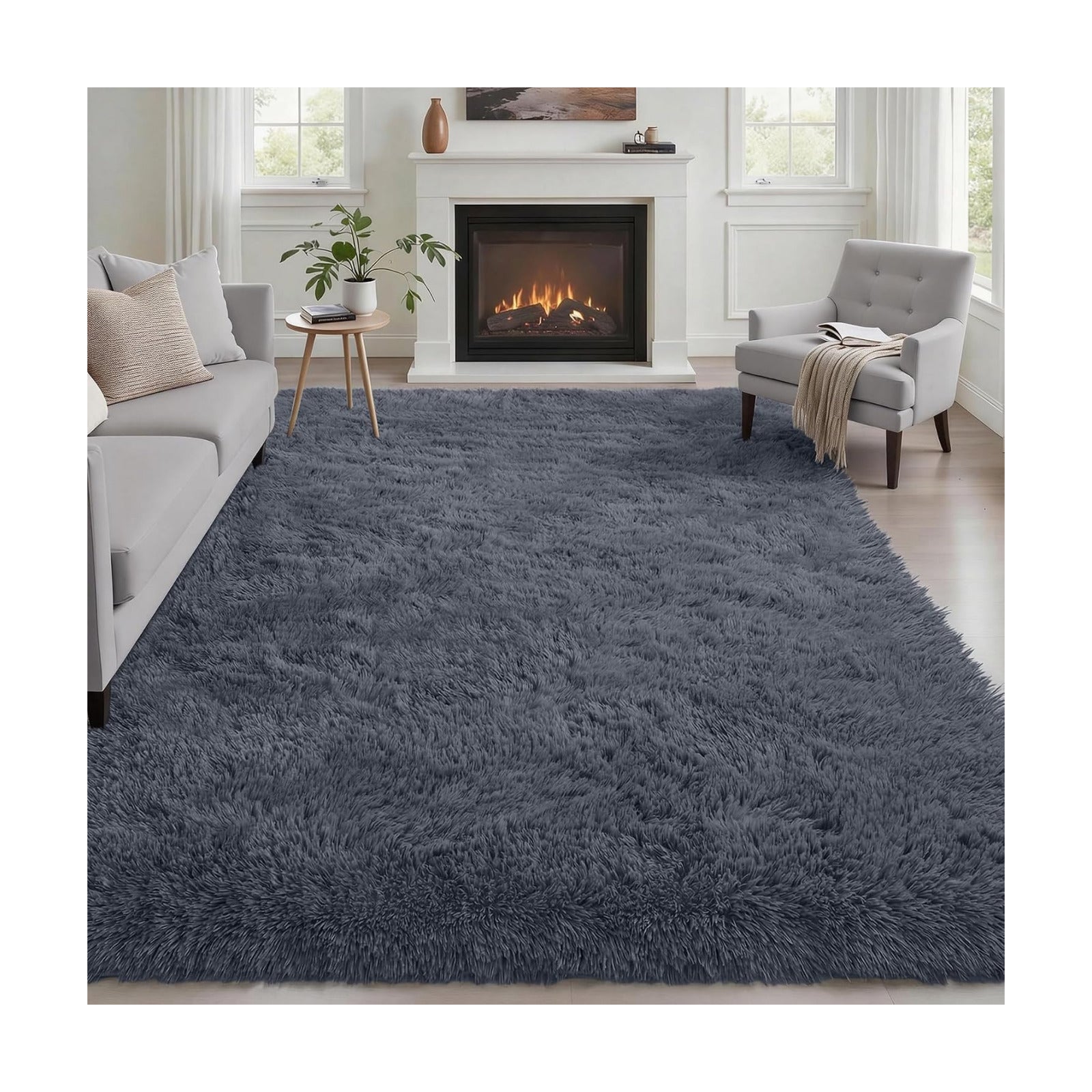 Area Rug Living Room Bedroom: 4x6 Fluffy Plush Shag Carpet Grey