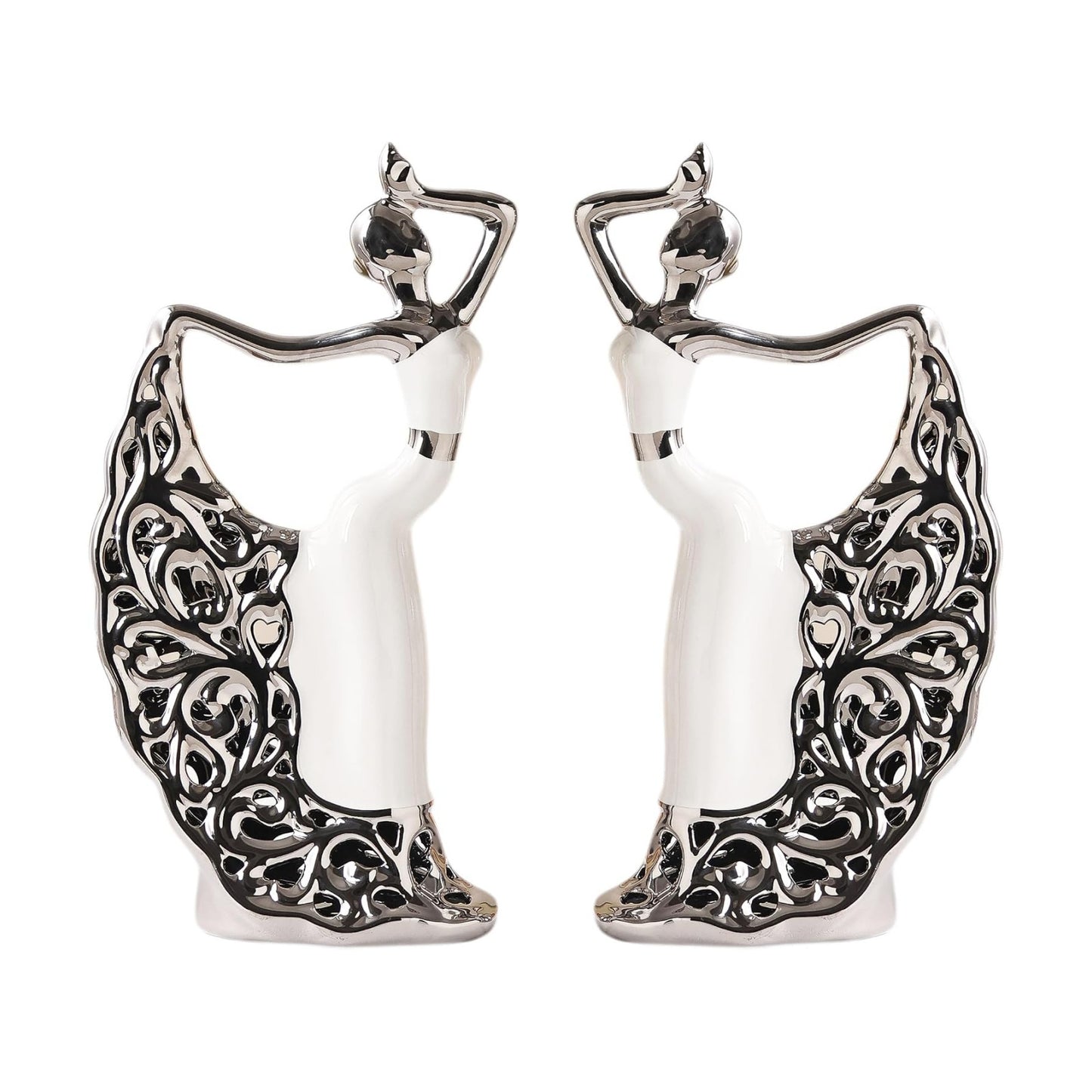 Ceramic Statues Home Decor / White and Silver / Set of 2