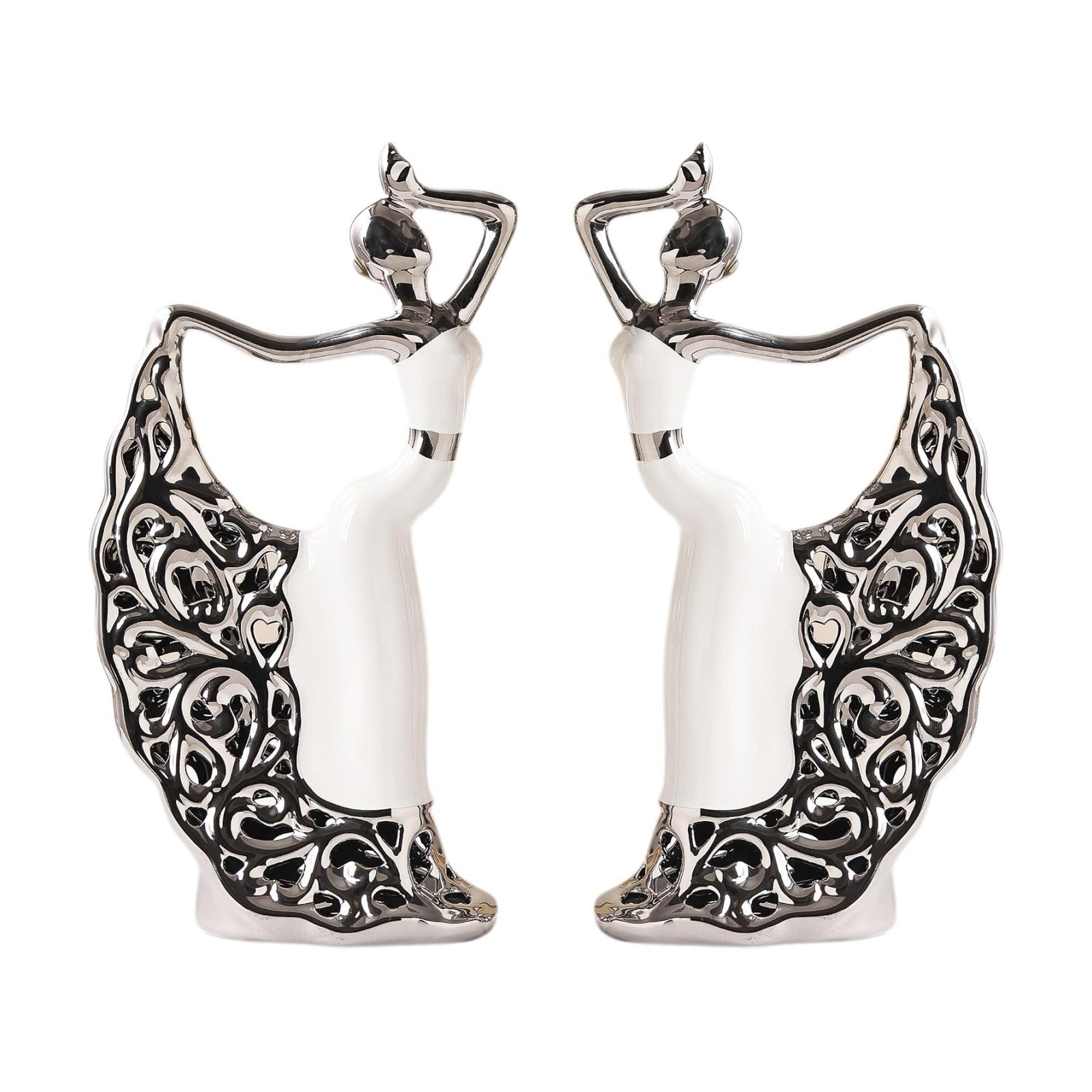 Ceramic Statues Home Decor / White and Silver / Set of 2