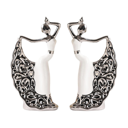 Ceramic Statues Home Decor / White and Silver / Set of 2