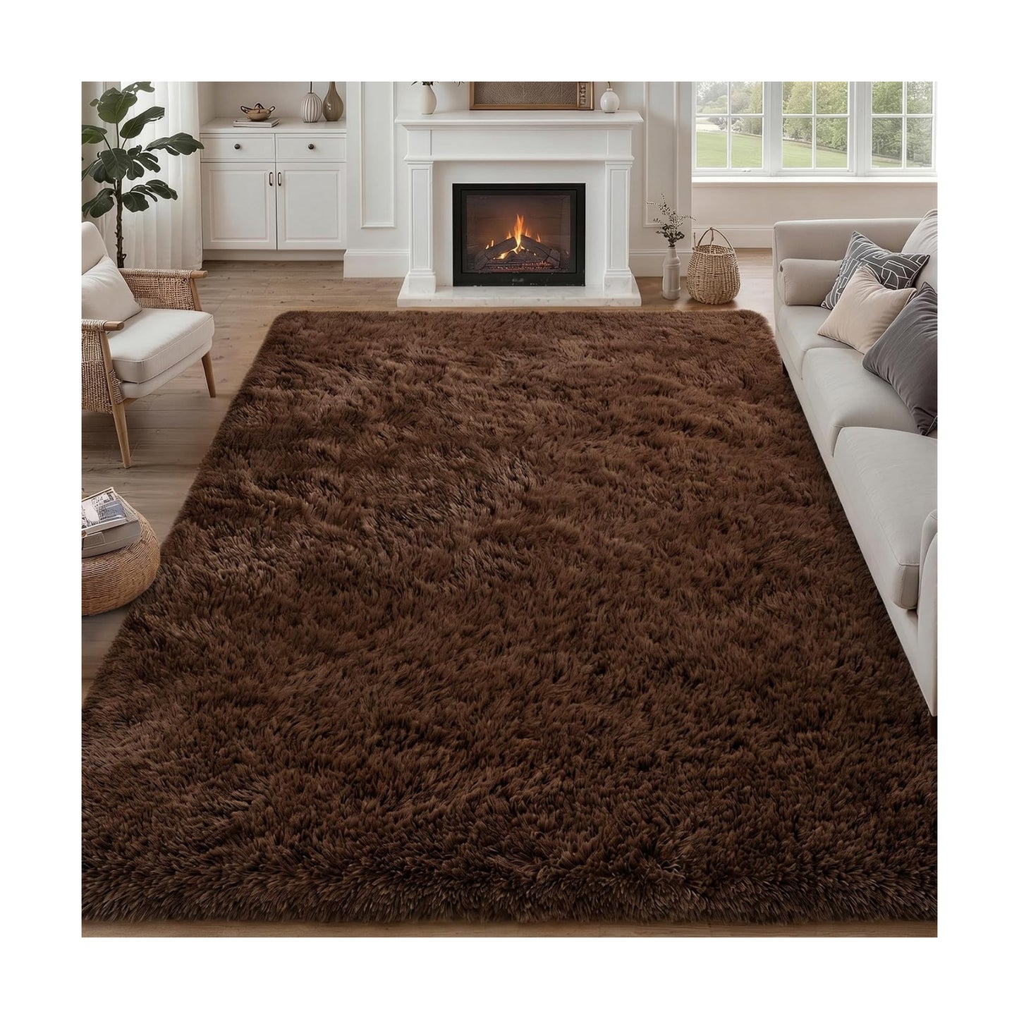 9x12 Area Rug Living Room Bedroom: Fluffy Plush Shag Carpet Brown