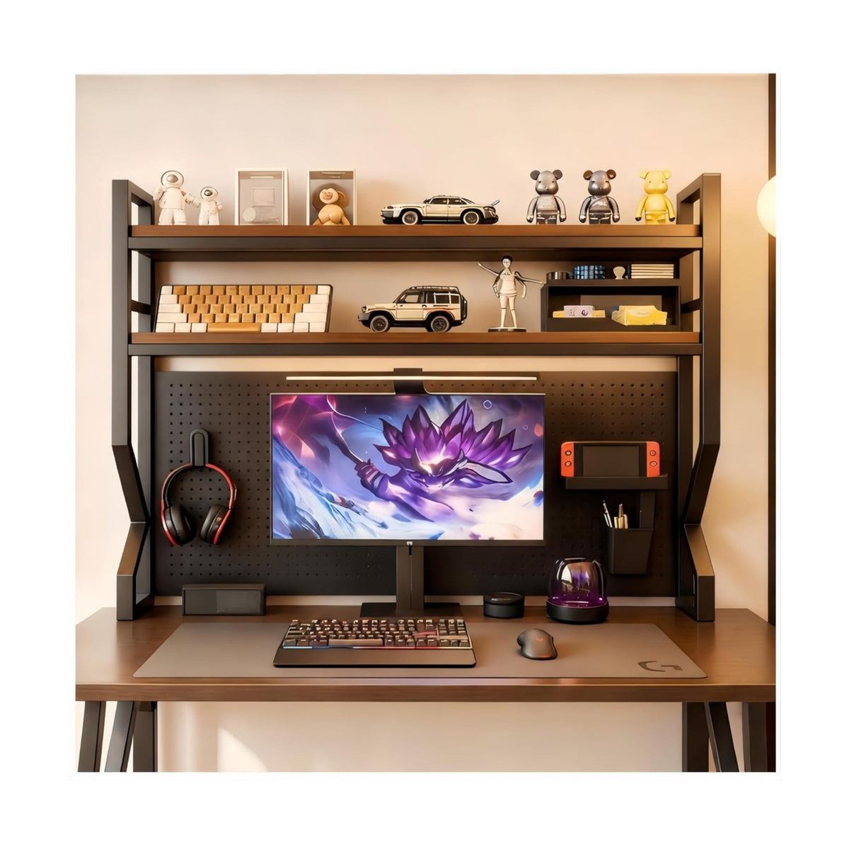 Desktop Hutch Bookshelf,Many Gifts,Metal Desktop Bookcase with pegboard, Desk Shelf Brown, Countertop Storage Organizer